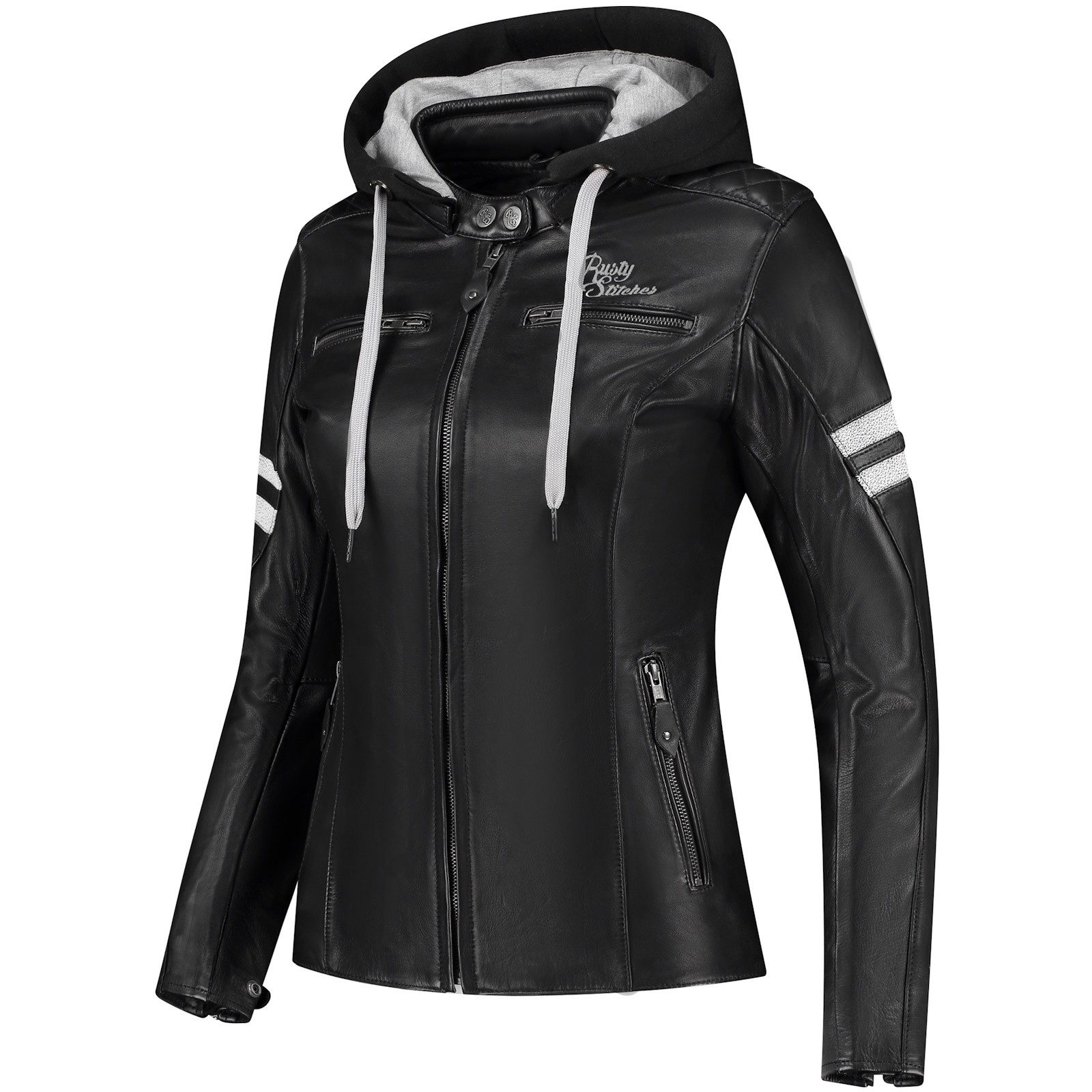 Rusty Stitches Motorradjacke Rusty Stitches Joyce Hooded V2 Lederjacke Schwarz / Weiss Damen atmungsaktiv