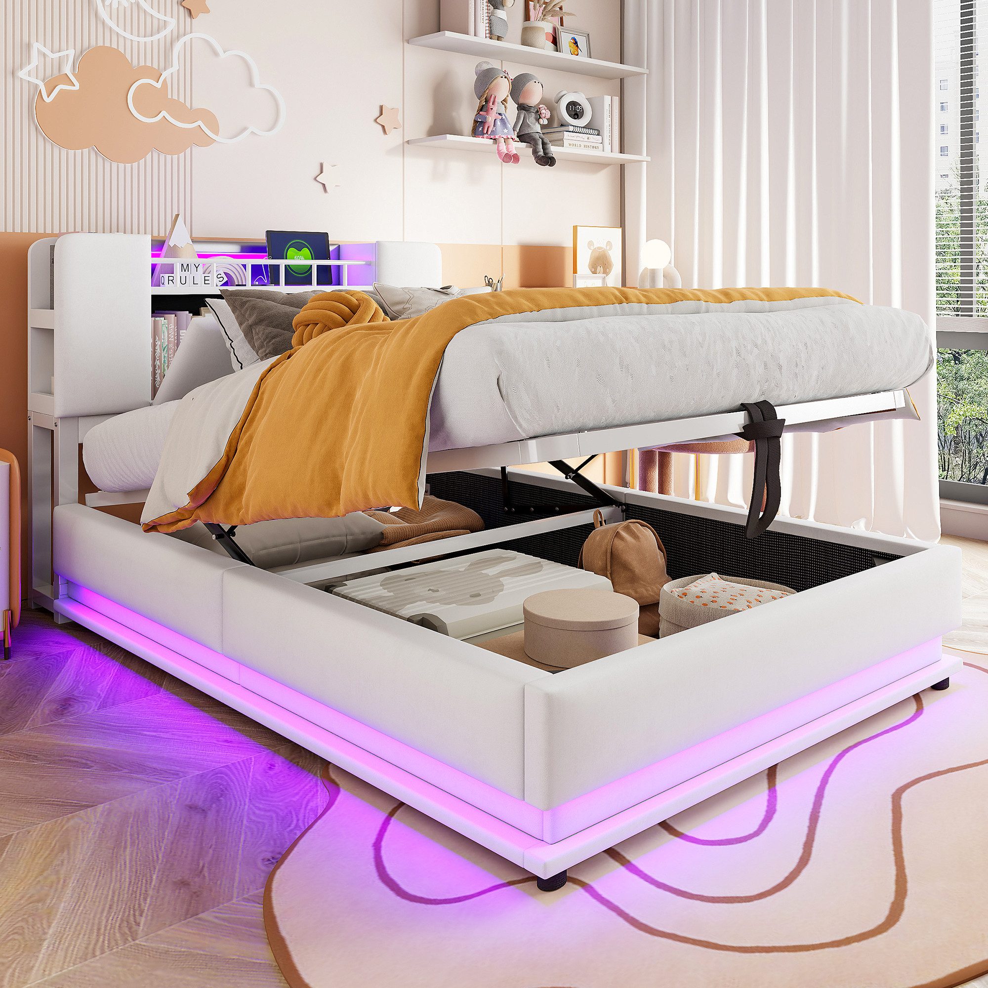 Flieks Polsterbett, Hydraulisches Stauraumbett Kinderbett 90x200cm mit LED günstig online kaufen