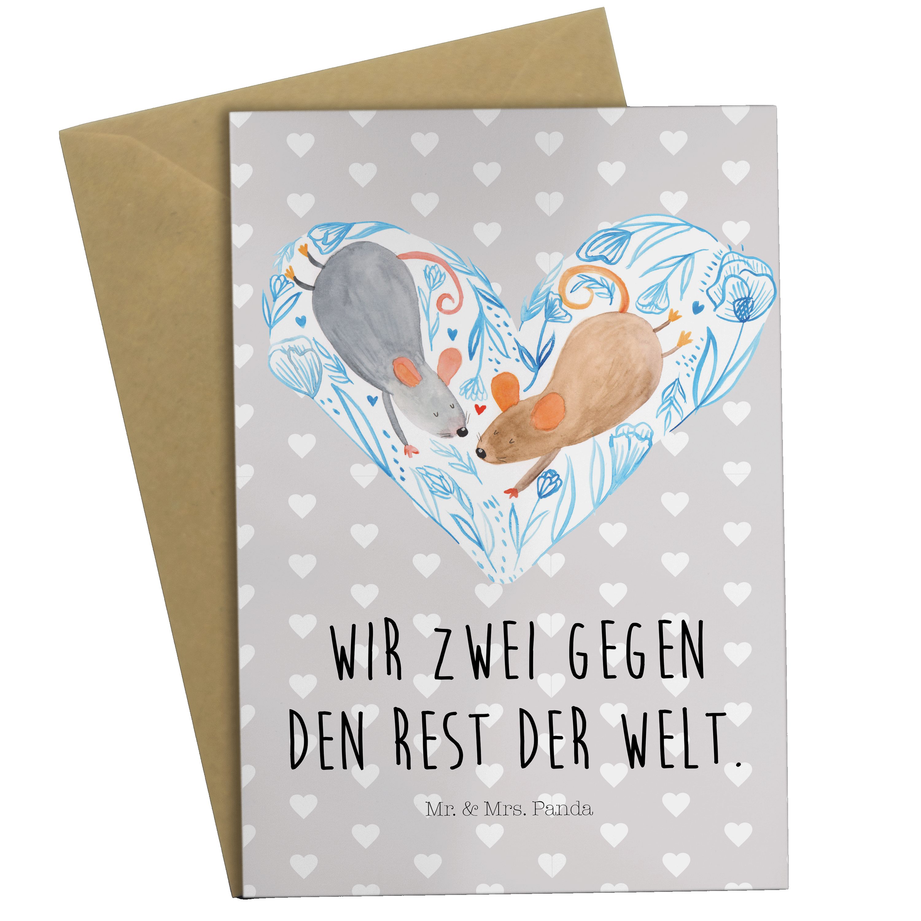 Mr. & Mrs. Panda Grußkarte Mäuse Herz - Grau Pastell - Geschenk, Maus, Verlobung, Jahrestag, Hoc