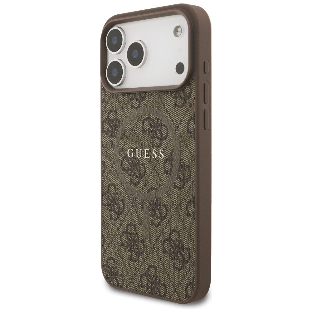 Guess Handyhülle MagSafe iPhone 17 Pro Max Kunstleder braun Logo Metall goldfarben 6,9 Zoll, Kantenschutz