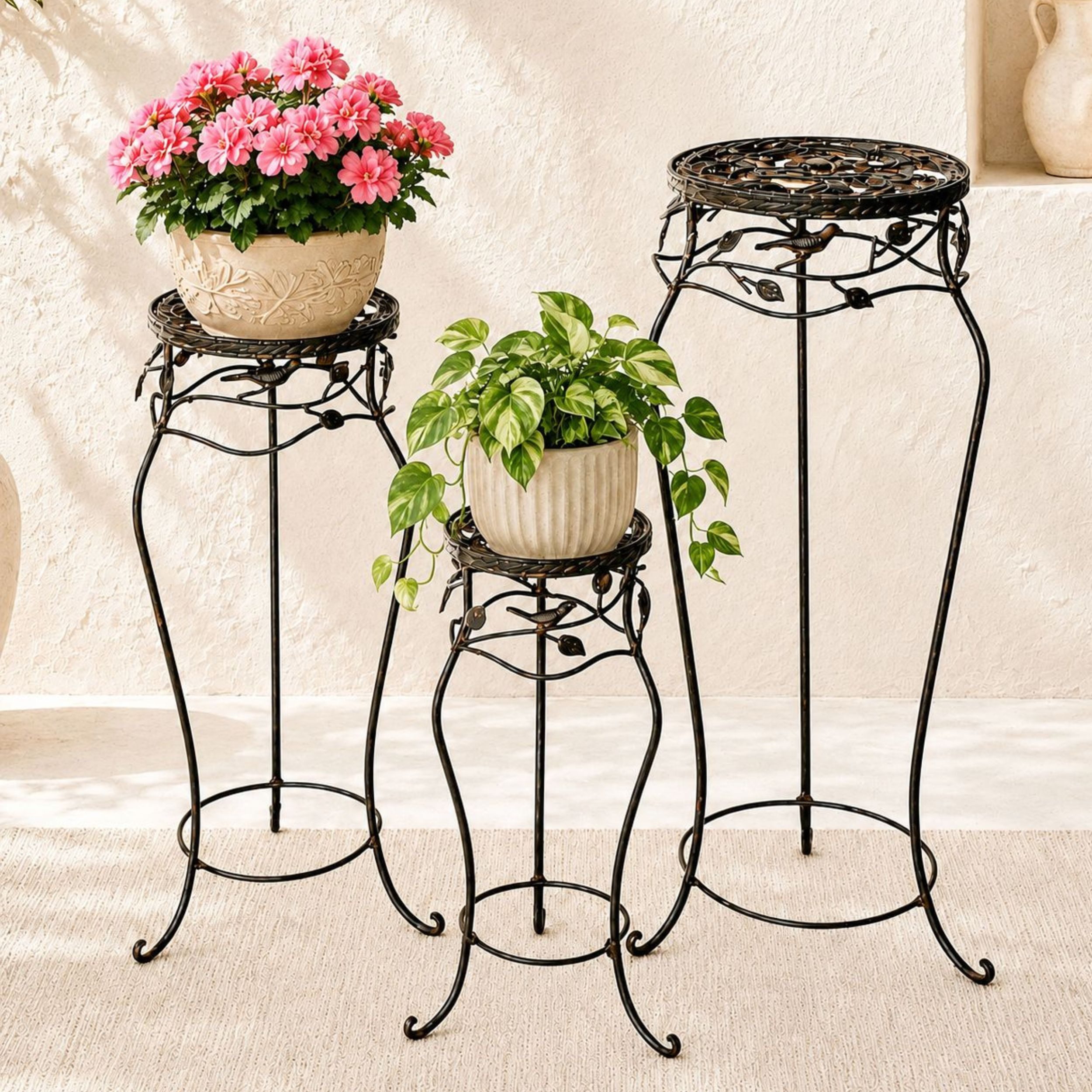 DanDiBo Blumenhocker Metall Schwarz Rund 3er Set 52 cm / 65 cm / 78 cm Blumenhocker, 18215 Blumensäule Antik Pflanzenständer Pflanzenhocker Vintage