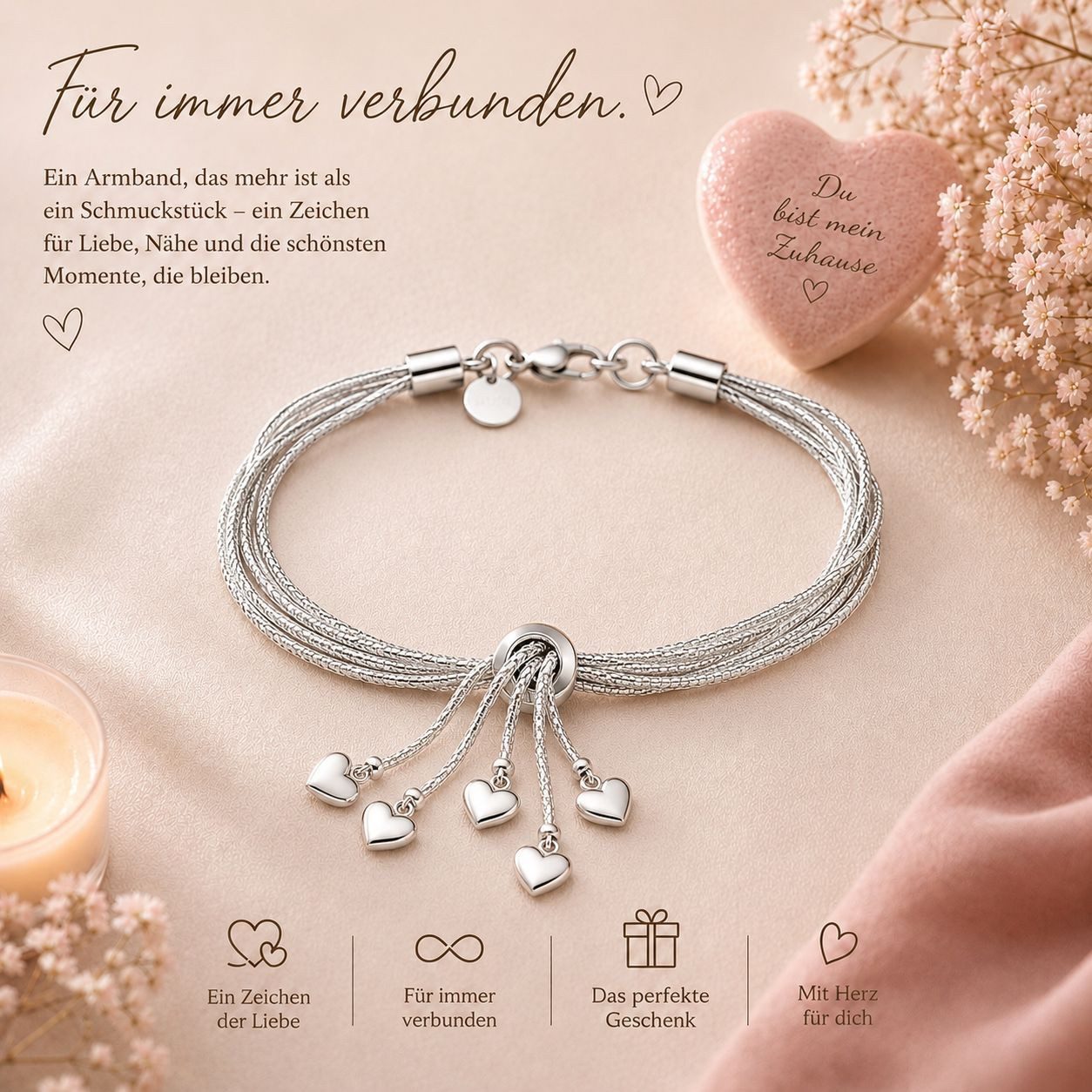 Taffstyle Silberarmband Damen Armband 925 Sterling Silber filigran mit 5 Herzen (Wunderschönes Filigranes Damen Armband Echt Silber mit kleinen Herzen)
