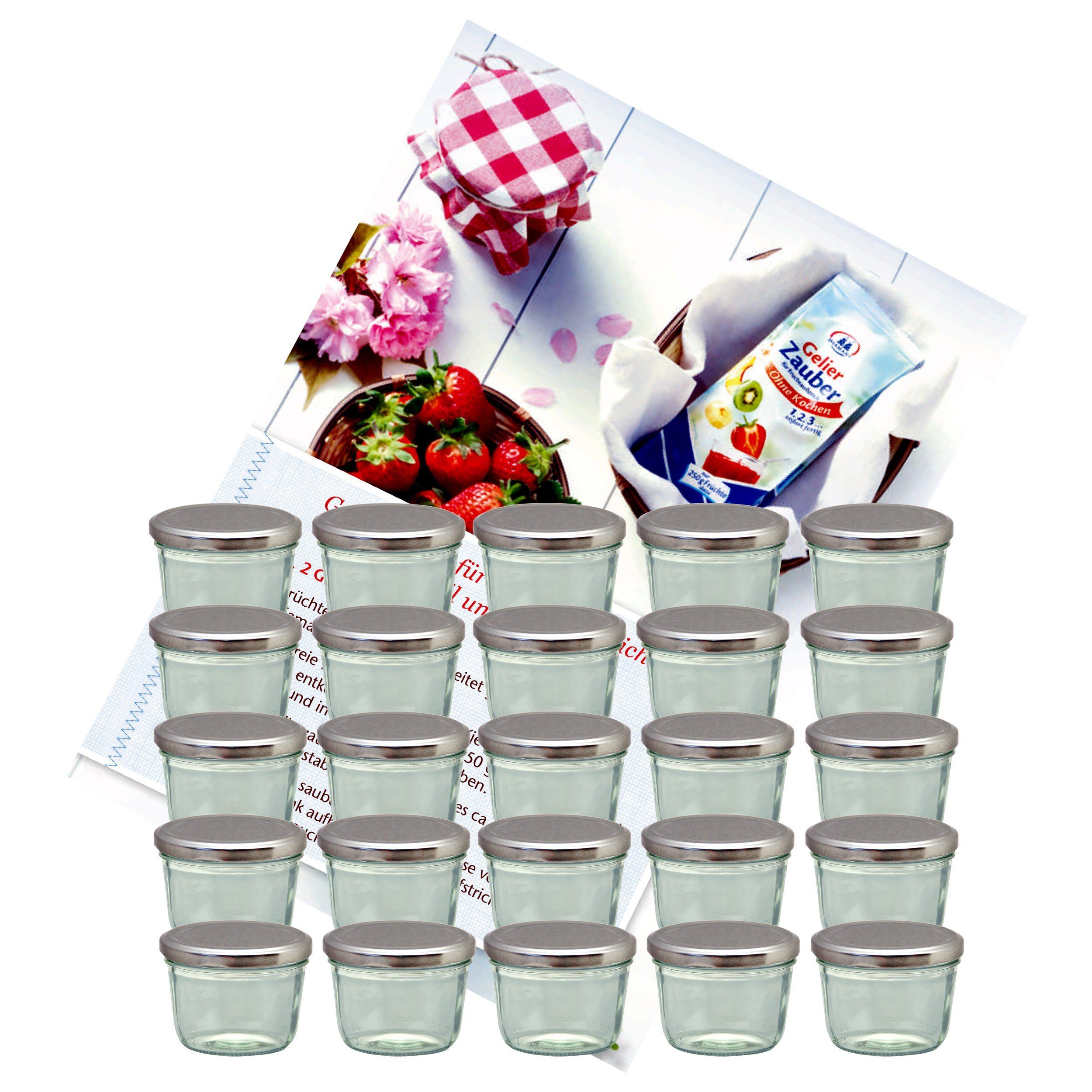 MamboCat Einmachglas 25er Set Sturzglas 230 ml Marmeladenglas Einmachglas Einweckglas To 82 silberner Deckel incl. Diamant-Zucker Gelierzauber Rezeptheft