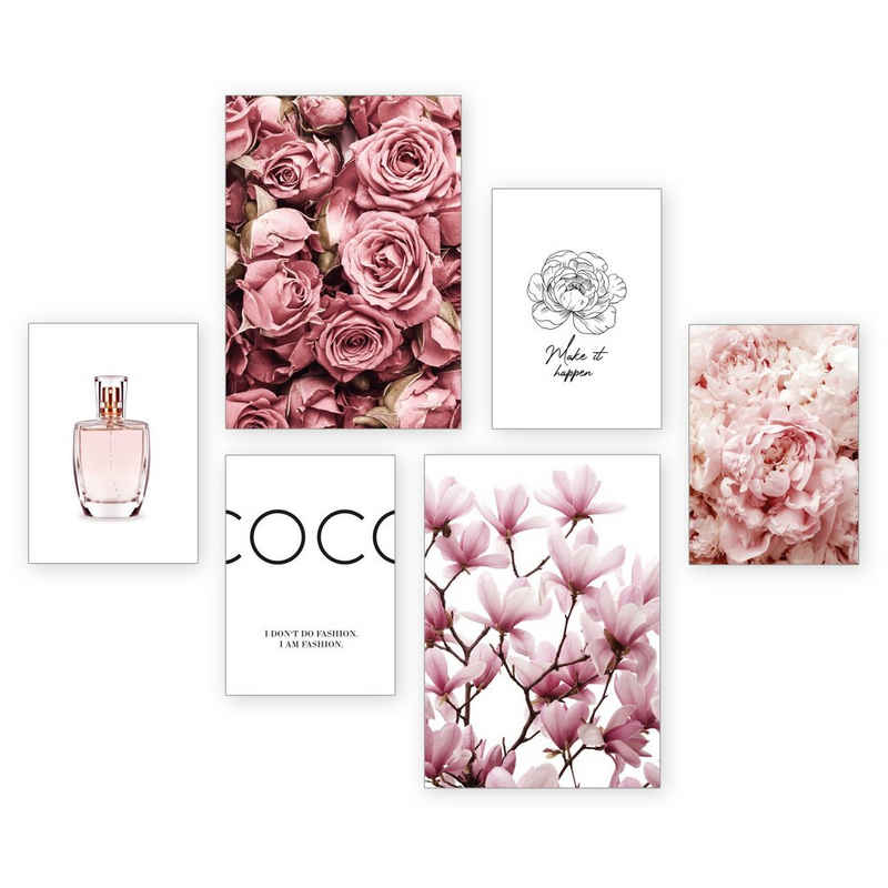 Kreative Feder Poster Parfum, Blüten (Set, 6 St), 6-teiliges Poster-Set, Kunstdruck, Wandbild, Posterwand, Bilderwand, optional mit Rahmen, WP511