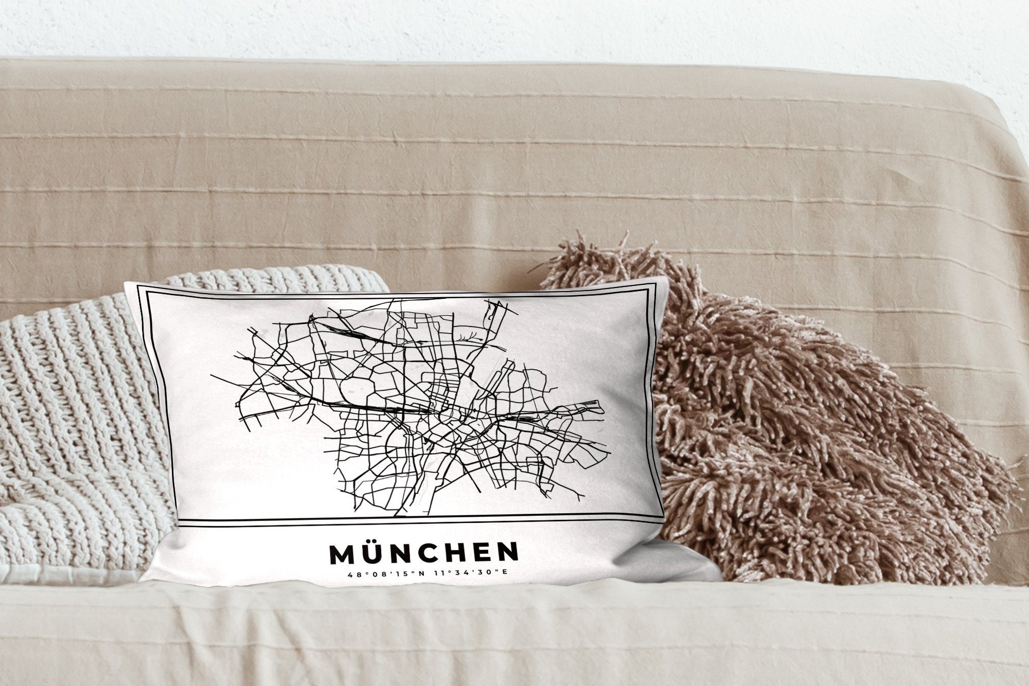 Deutschland München Zierkissen, Schlafzimmer Dekoration, Stadtplan MuchoWow Füllung, - mit Wohzimmer Karte - - Dekokissen Dekokissen Schwarz-Weiß, -