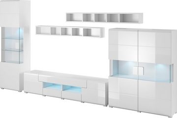 INOSIGN Wohnwand Toledo,Breite 384cm stilvolle Mediawand ohne Beleuchtung, (Set, 5-St), Anbauwand(Vitrine,Lowboard,Highboard,2xHängeregal)MDF Hochglanzfronten