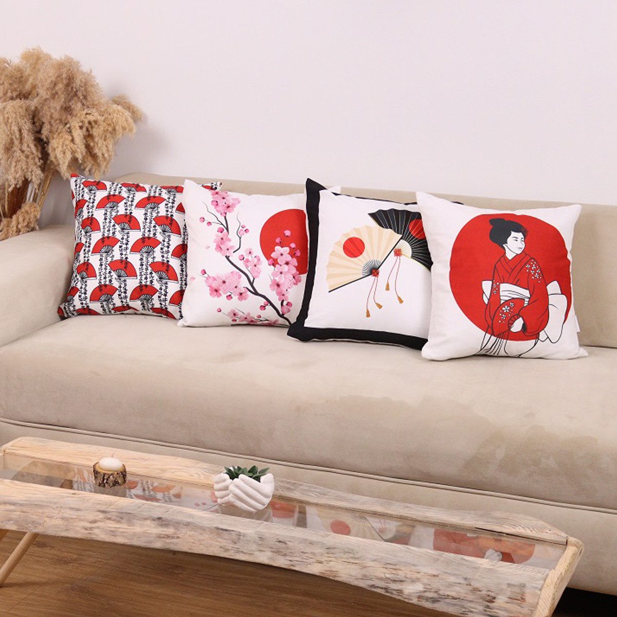 Ekershop Kissenhüllen Dekorative 4er Set JAPAN Fächer Dekokissen Kissenbezug Hülle Kissen, (4 Stück)