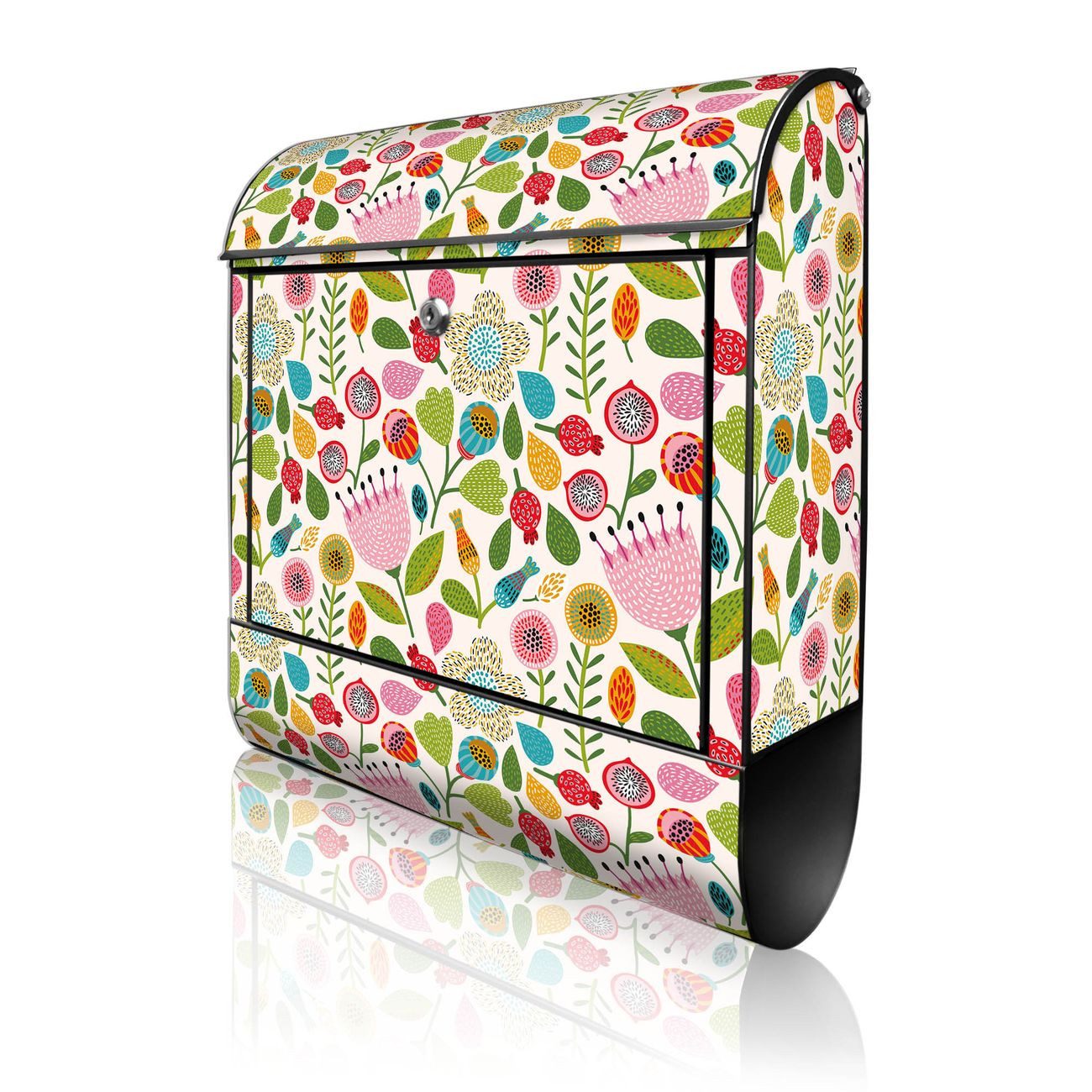 banjado Wandbriefkasten Schwarz Stahl mit Motiv Rosa Kelch Hell (Wandbriefkasten witterungsbeständig, pulverbeschichtet, mit Zeitungsfach), 47 x 39 x 14 cm