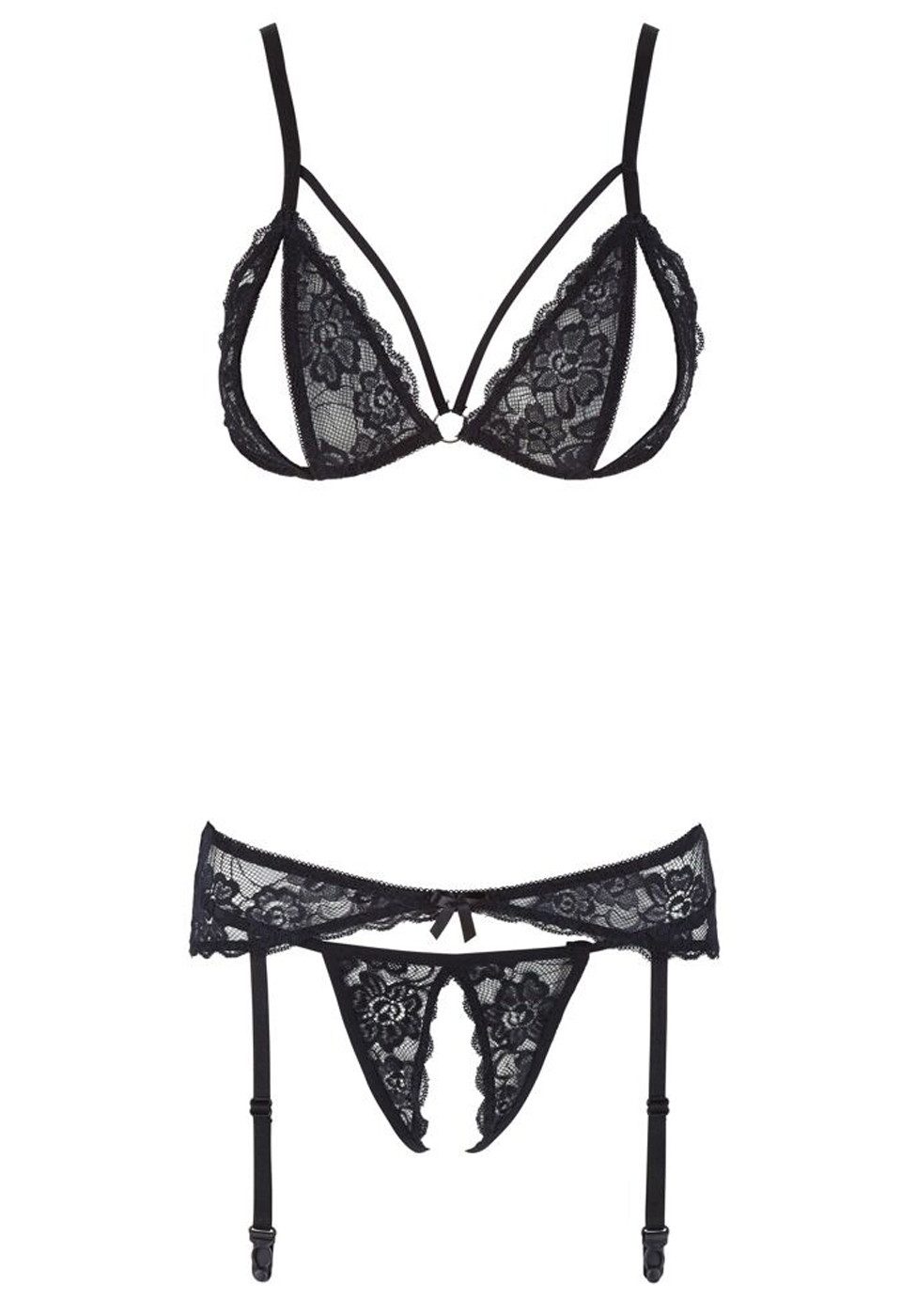Cottelli Collection Set: Bügelloser BH 3-tlg Strumpfband-Set mit offenem Cup und Intimbereich Spitze schwarz (3-tlg) mit offenem Schritt und Cups