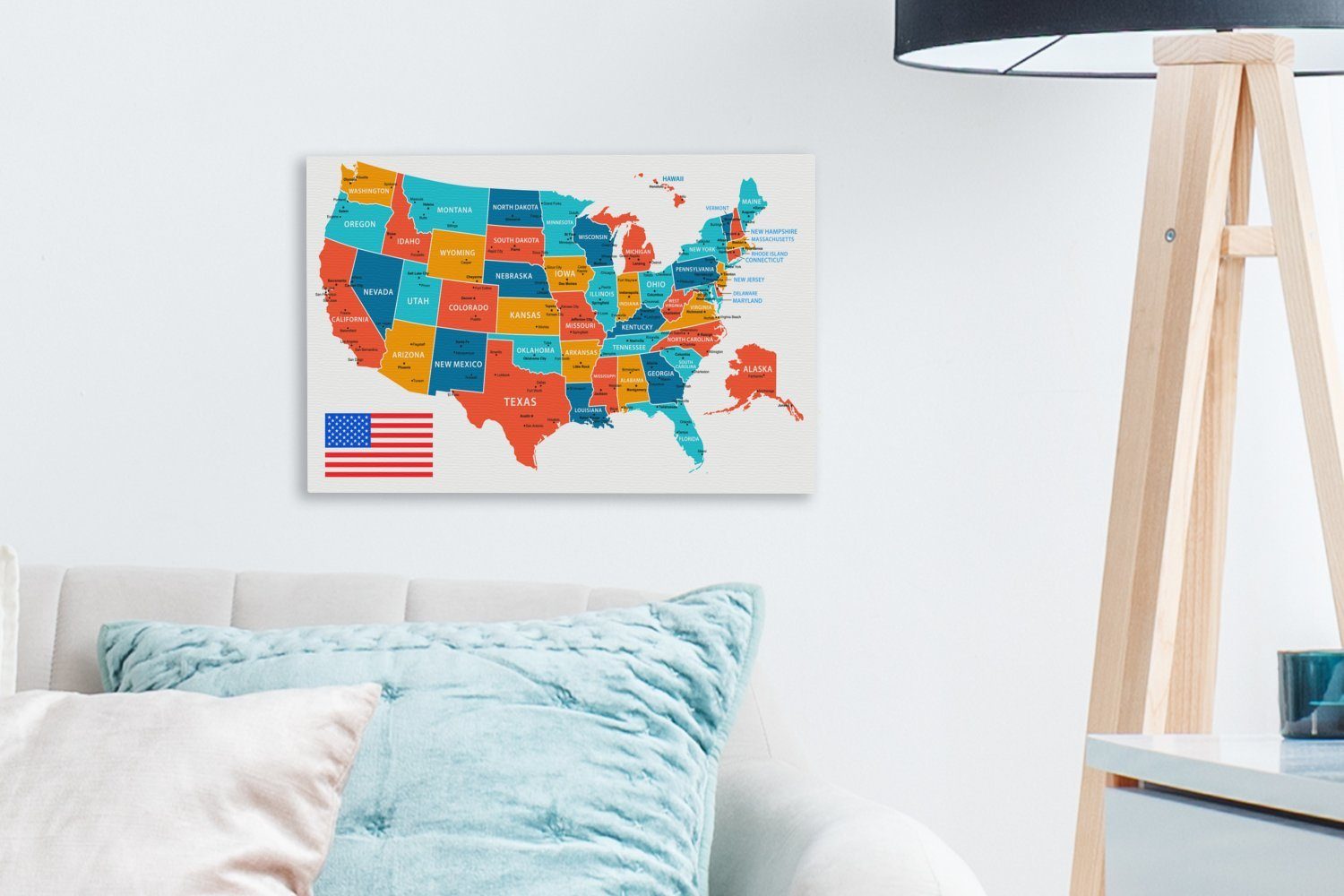 OneMillionCanvasses® Leinwandbild Karte von Amerika in Farbe, (1 St), Leinwand Bilder Klein, Wand Dekoration Aesthetic 30x20 cm – Bild 3 von 5