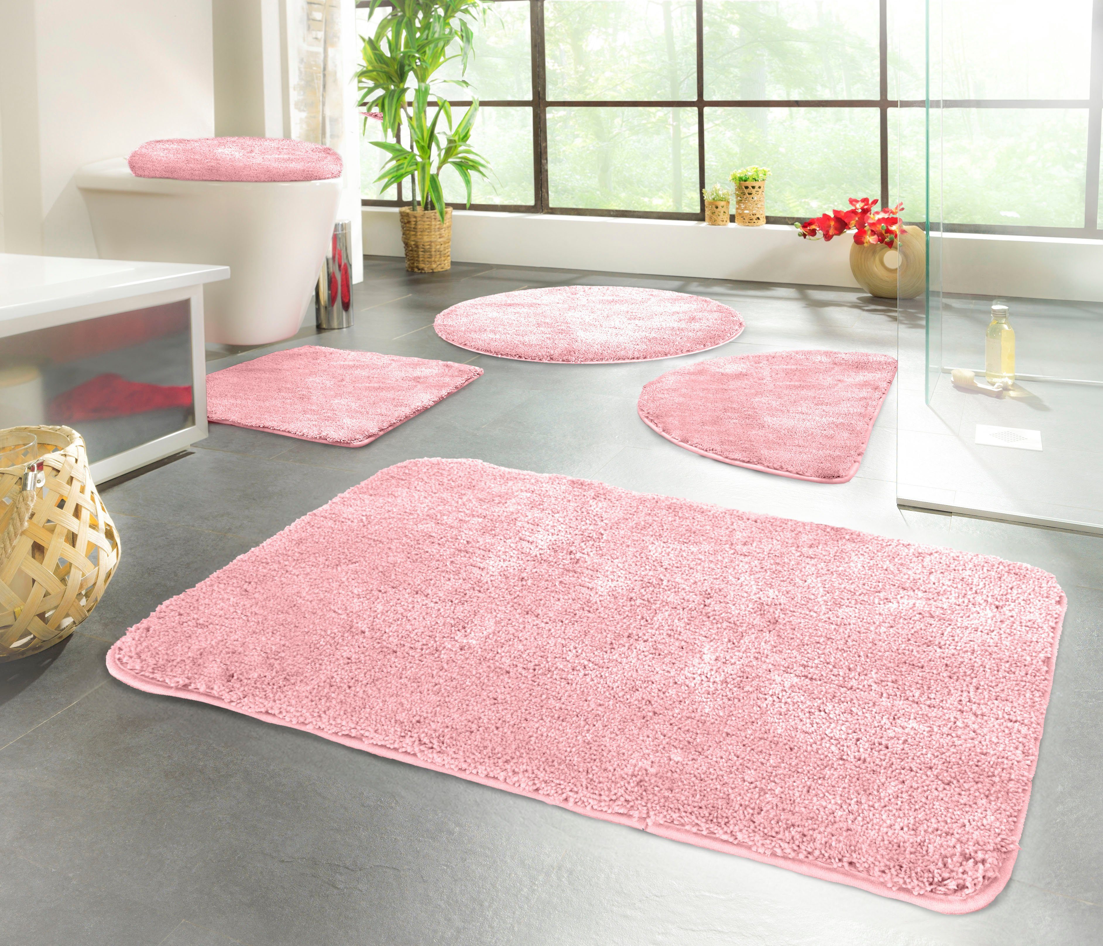 KiNZLER Badematte Chaozhou, Badvorleger, Badezimmer Teppich, Höhe 20 mm, rutschhemmend beschichtet, fußbodenheizungsgeeignet, Polyester, 2-tlg. Hänge-WC Set, Badteppich, Uni Farben, weich, als rechteckig, rund & Set erhältlich