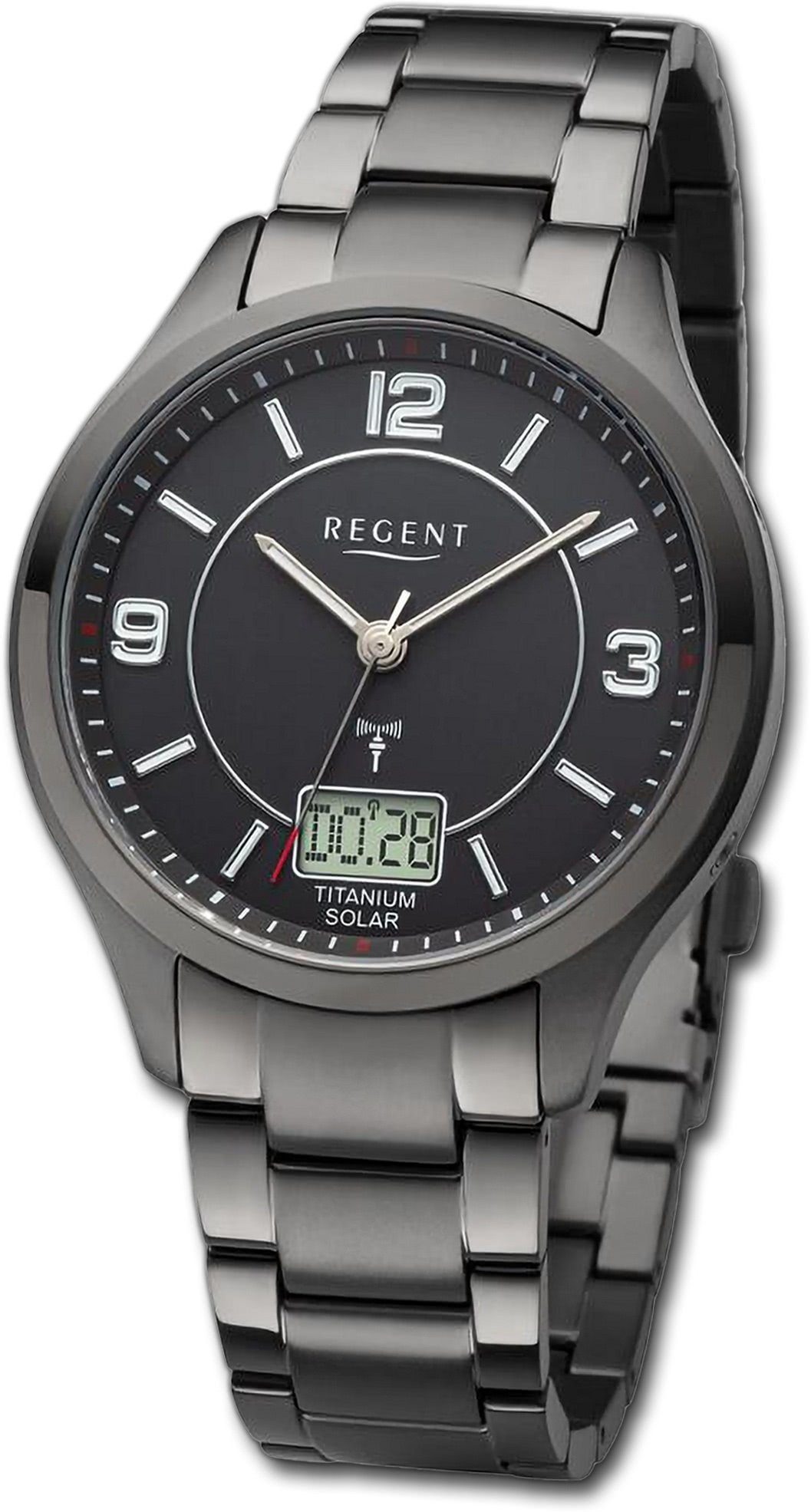 Regent Quarzuhr Regent Herren Armbanduhr Analog-Digital, Herrenuhr Metallarmband schwarz, rundes Gehäuse, extra groß (ca. 42mm)