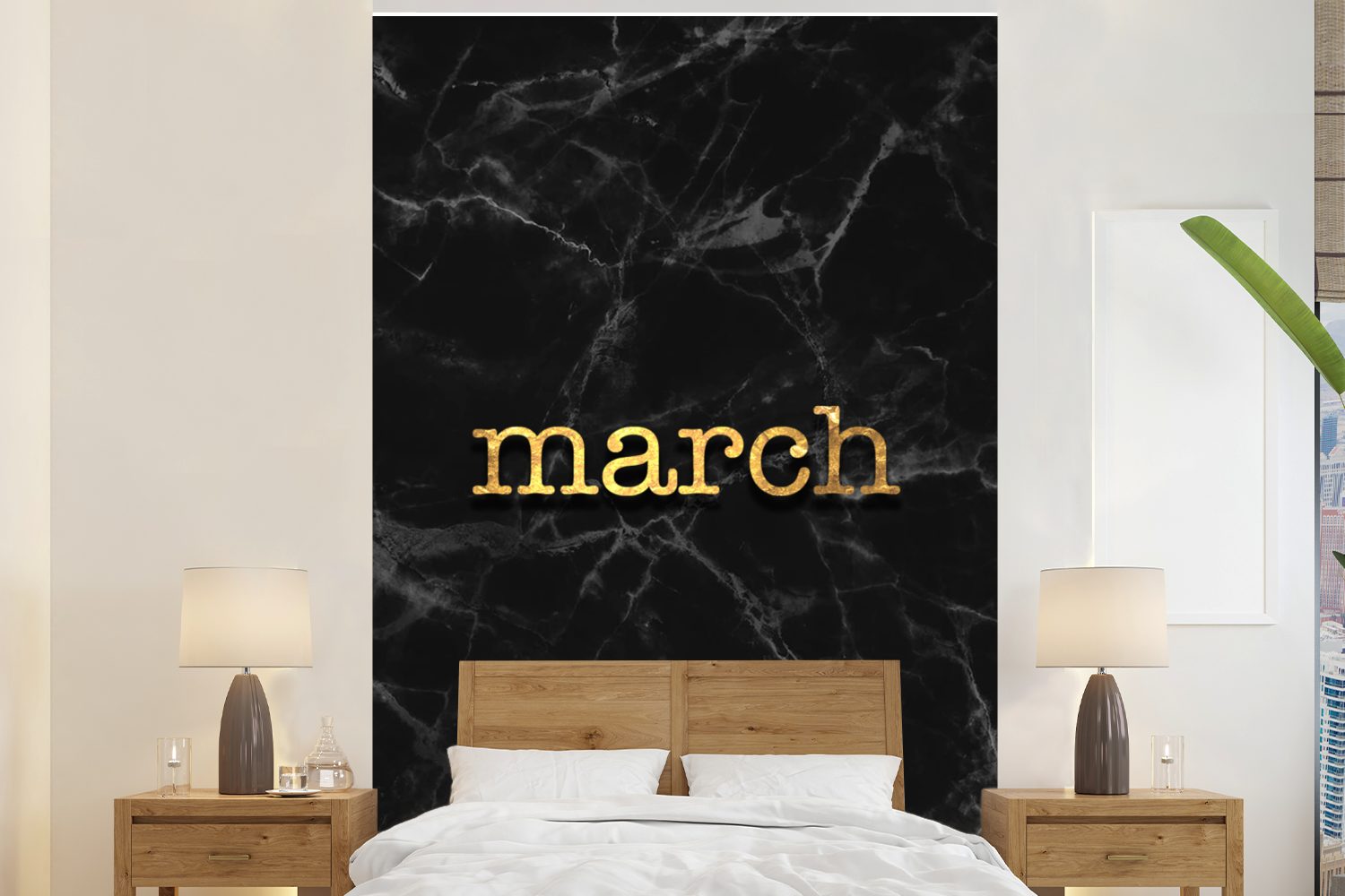 MuchoWow Fototapete Zitat - Kalender - März - Gold, Matt, bedruckt, (3 St), Montagefertig Vinyl Tapete für Wohnzimmer, Wandtapete
