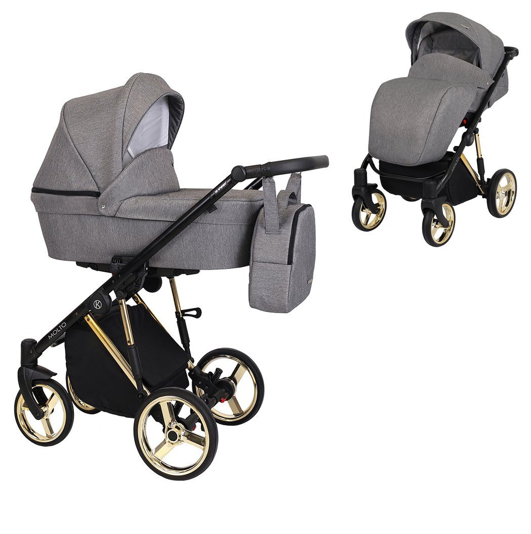 babies-on-wheels Kombi-Kinderwagen Molto Gold-Edition 2 in 1 - 12 Teile - von Geburt bis 4 Jahre Grau = Gestell gold