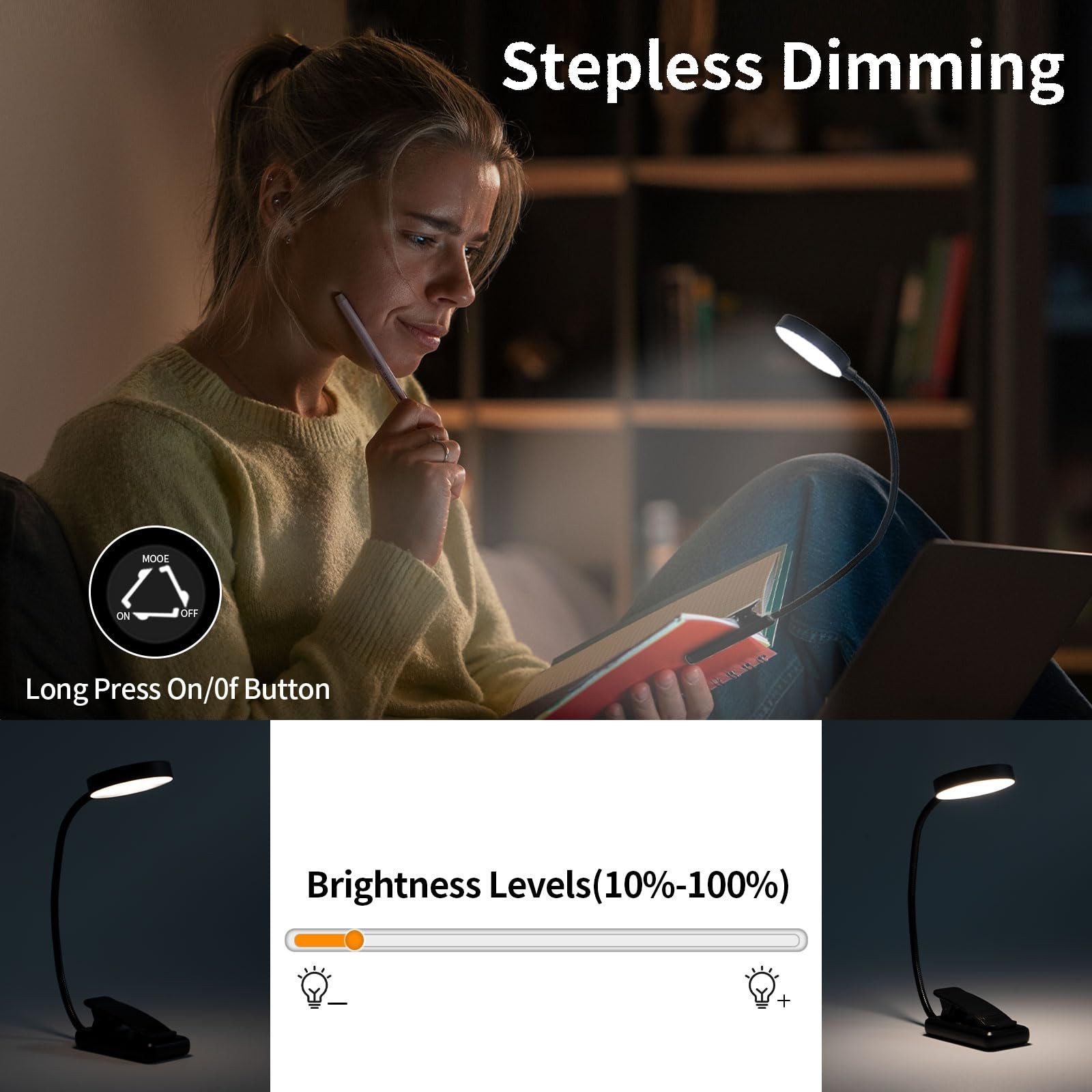 LQWELL LED Leselampe Leselampe Buch Klemme im Bett, USB Wiederaufladbare Leselicht, LED fest integriert, mit 3 Farbtemperaturen, 10 Helligkeitsstufen & Stufenlo – Bild 2 von 5