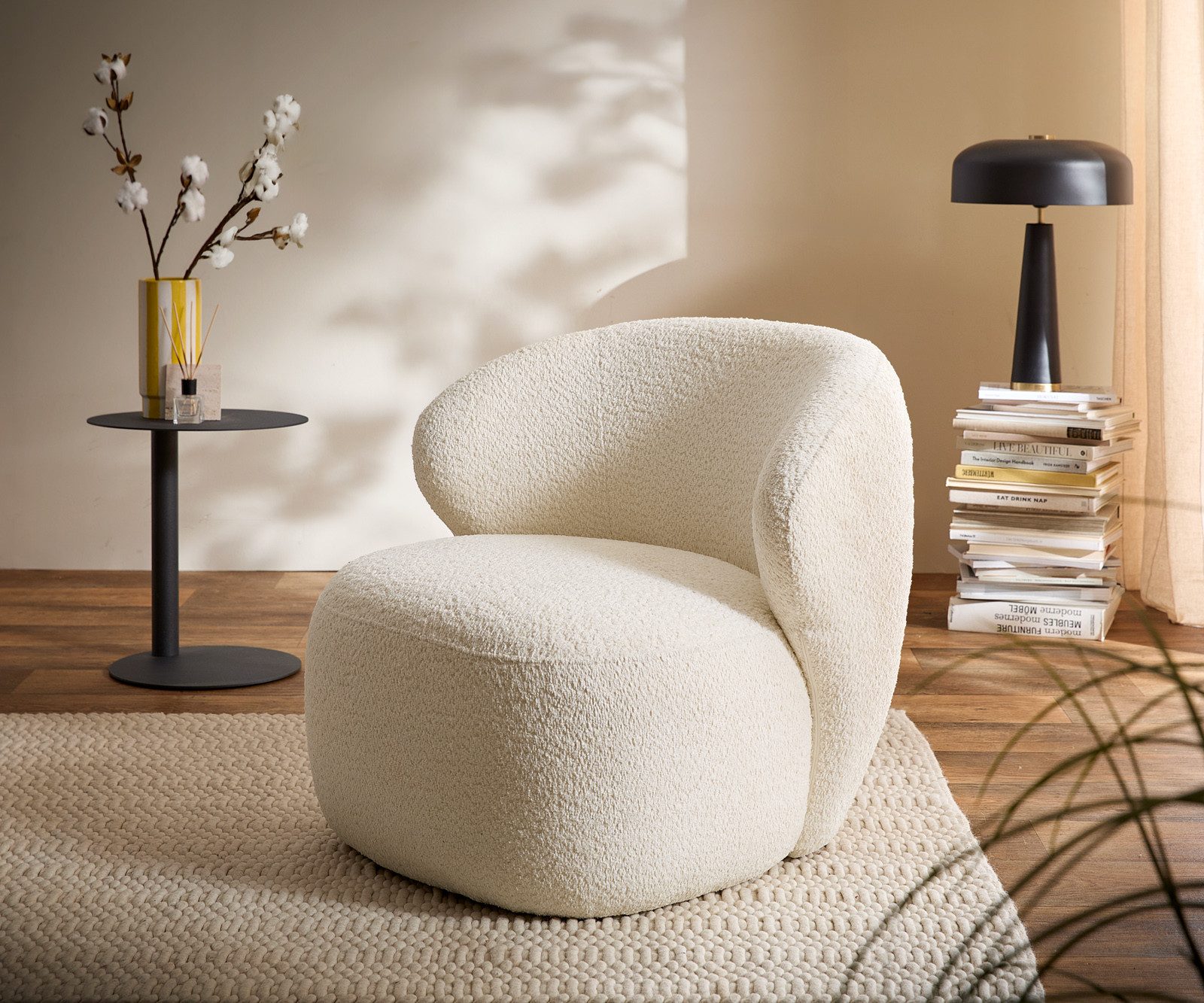 DELIFE Cocktailsessel Pulo, Bouclé Weiß 80x80 cm Loungesessel