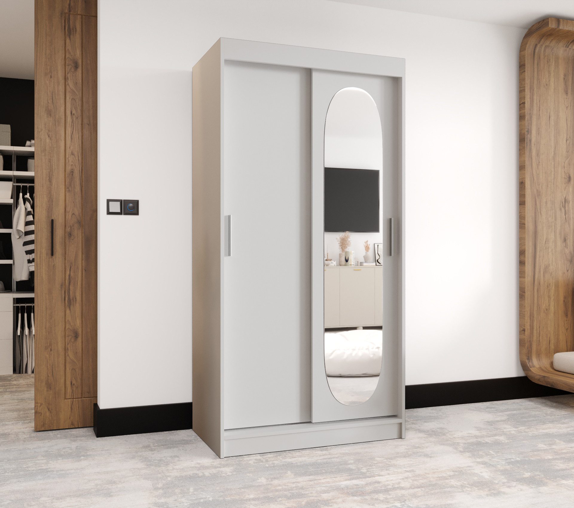 MOEBLO Schwebetürenschrank ROSALIA (Moderner Kleiderschrank mit Spiegelfront, Viel Stauraum, BIMAK Schiebesystem, In 5 Farben & 6 Größen, Schrank Garderobe Schiebtüren Schlafzimmer) 100 /120/150/180/200/250x200x62 cm