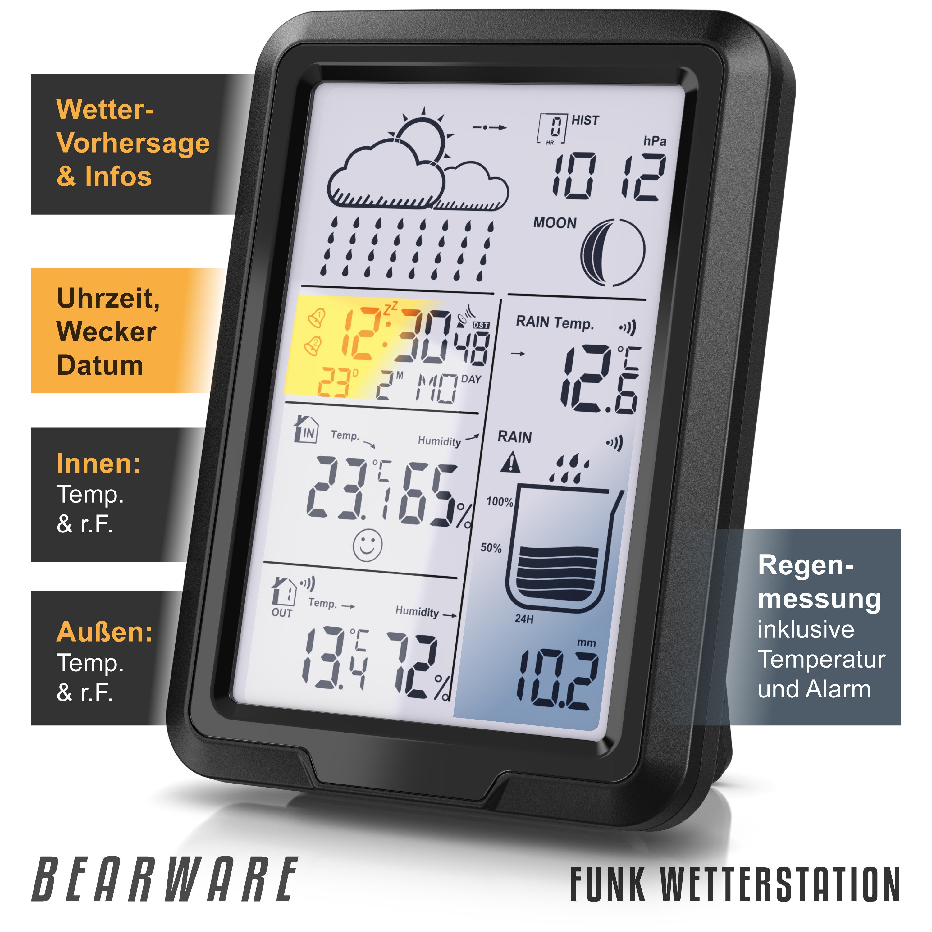 BEARWARE Funk, Außensensor, Regensensor, Temperatur Luftfeuchtigkeit Luftdruck Wetterstation (Außensensor und Regensensor, Innen Außentemperatur, Luftdruck, Regenmessung, DCF Wecker)