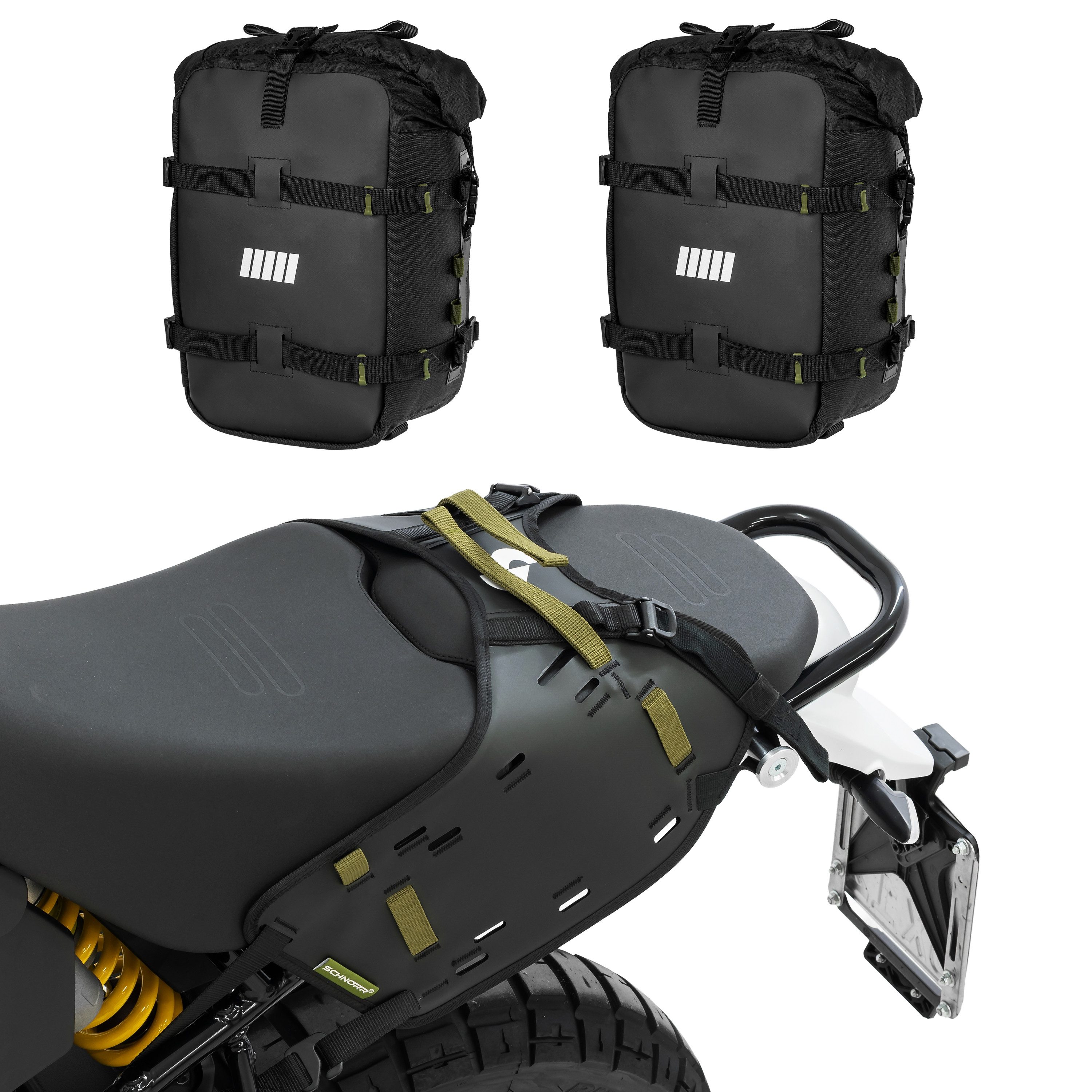 SCHNORR Fahrrad-Gepäckträger Bundle- BagHub + 2× BB-18 Seitentaschen kompatibel mit Ducati DesertX