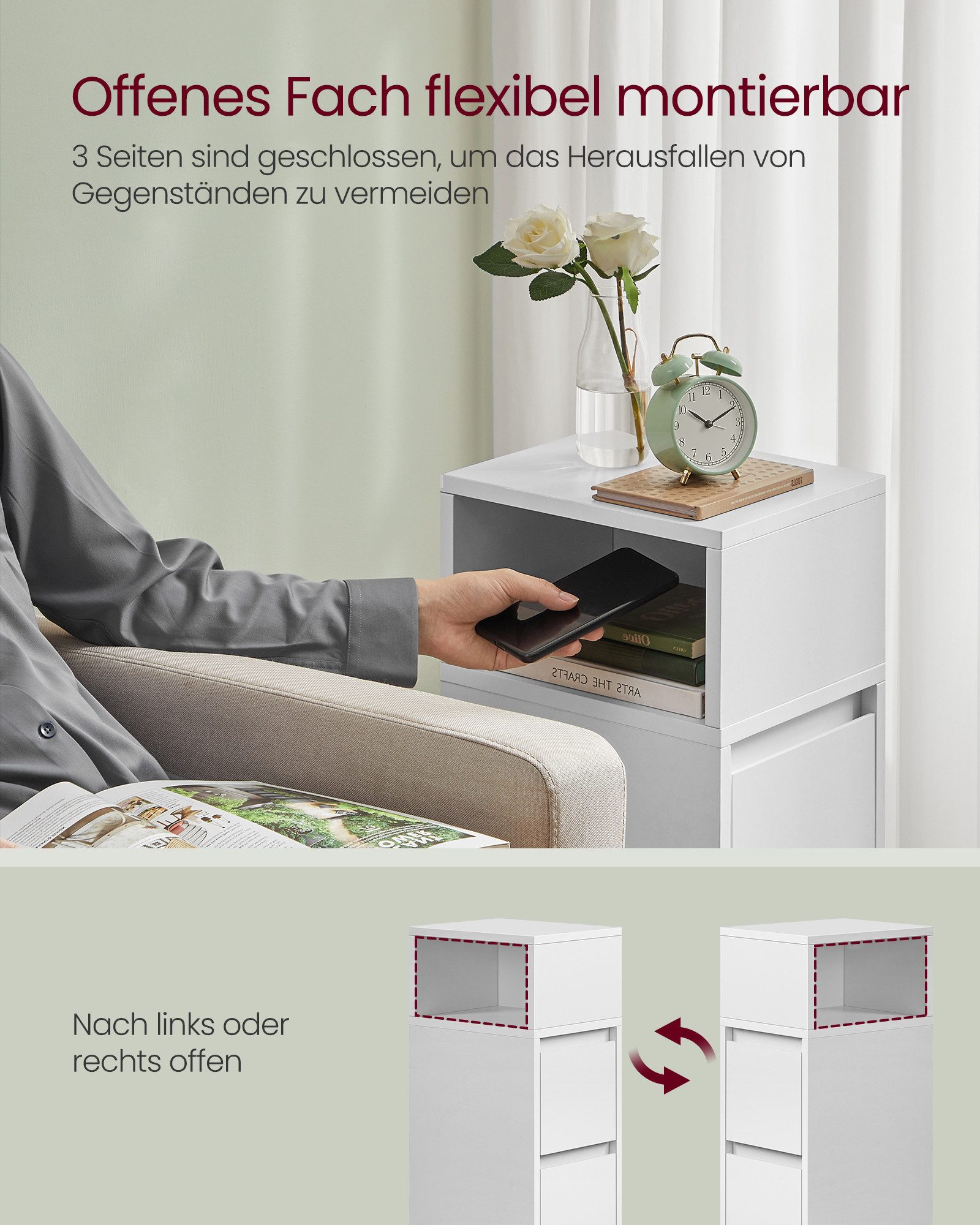 VASAGLE Nachttisch (2-St), 1er Set/2er Set, schmal, Beistelltisch mit 2 Schubladen, offenes Fach
