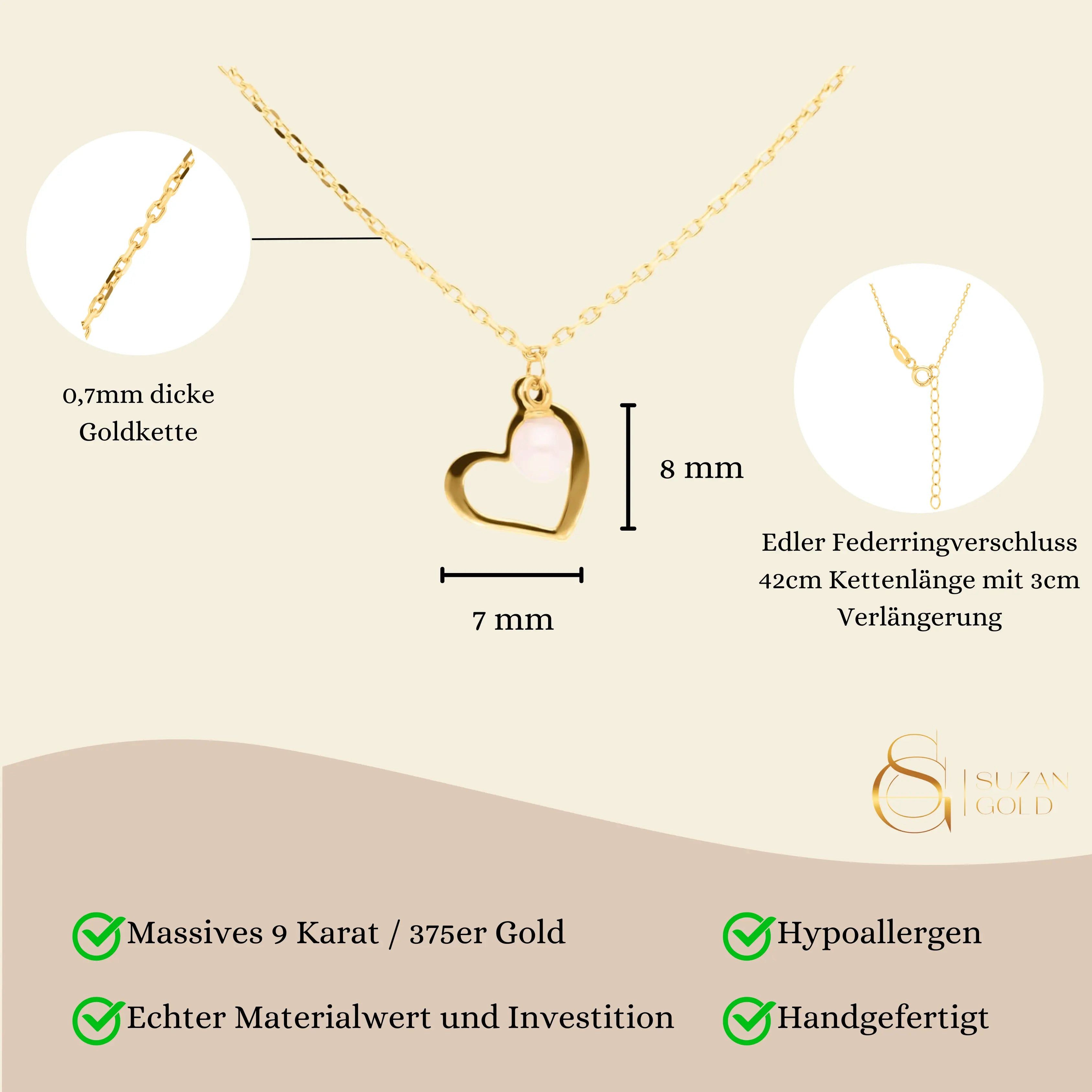 Suzan Gold Kette mit Anhänger 375er Gold Damen Halskette – Herz mit Perle, feminin & wasserfest, Gelbgold 375, Länge: 42+3cm