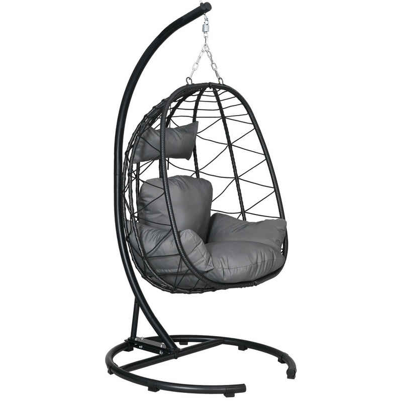 Outsunny Schaukelstuhl Hängesessel Rattan Hängestuhl 195 cm Höhe (Schaukelkorb, 1 St), für Terrasse, Garten bis zu 150 kg, Dunkelgrau