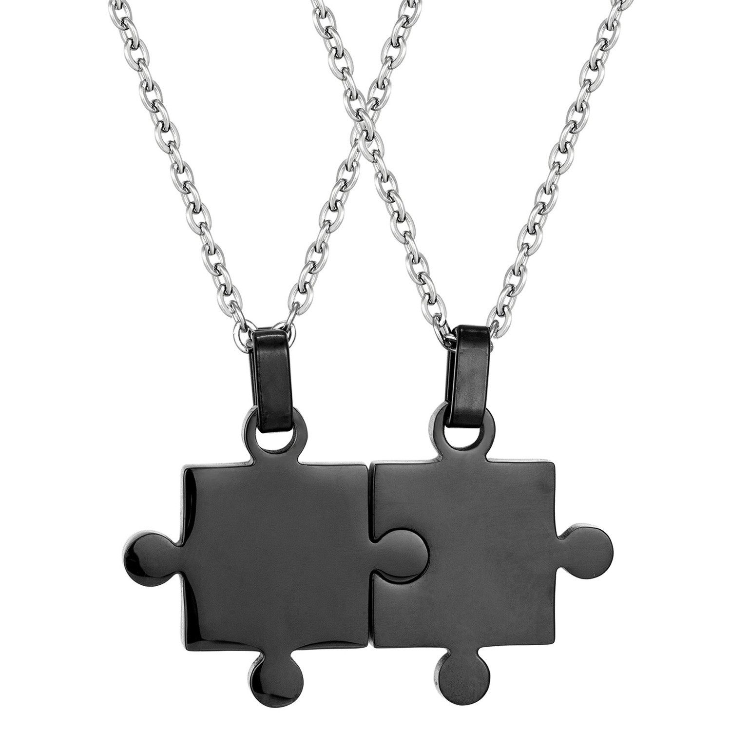 KARMA Partnerkette mit Puzzle Anhänger Schwarz Silber Edelstahl modern (Edelstahlkette, Halskette Partnerschmuck Puzzlekette), Damen Herren Kette Damenkette