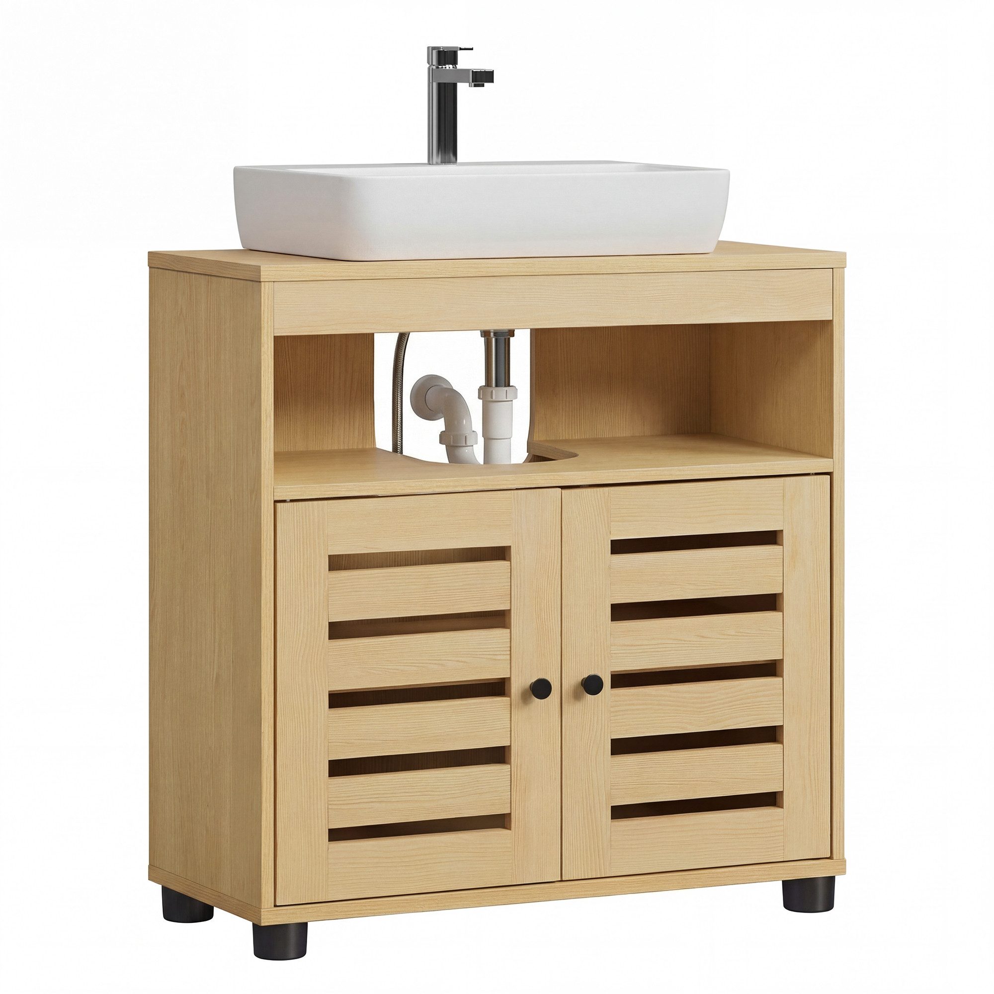 VASAGLE Waschbeckenunterschrank Badezimmerschrank Aufbewahrungsschrank Breite 60cm, mit 2 Lamellentüren, verstellbares Brett