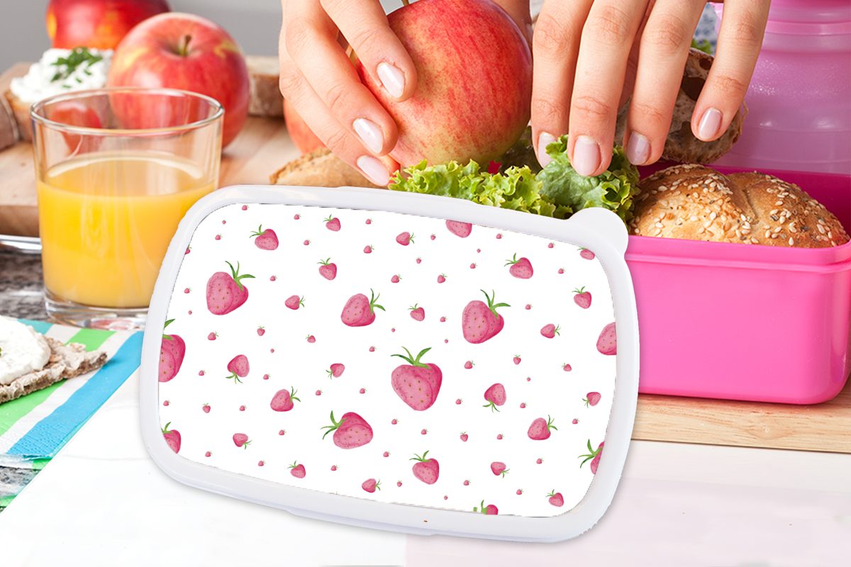 Brotdose Erwachsene, Kinder, MuchoWow rosa Brotbox für (2-tlg), Snackbox, Mädchen, Erdbeere Obst - Lunchbox Kunststoff, Kunststoff Weiß, -