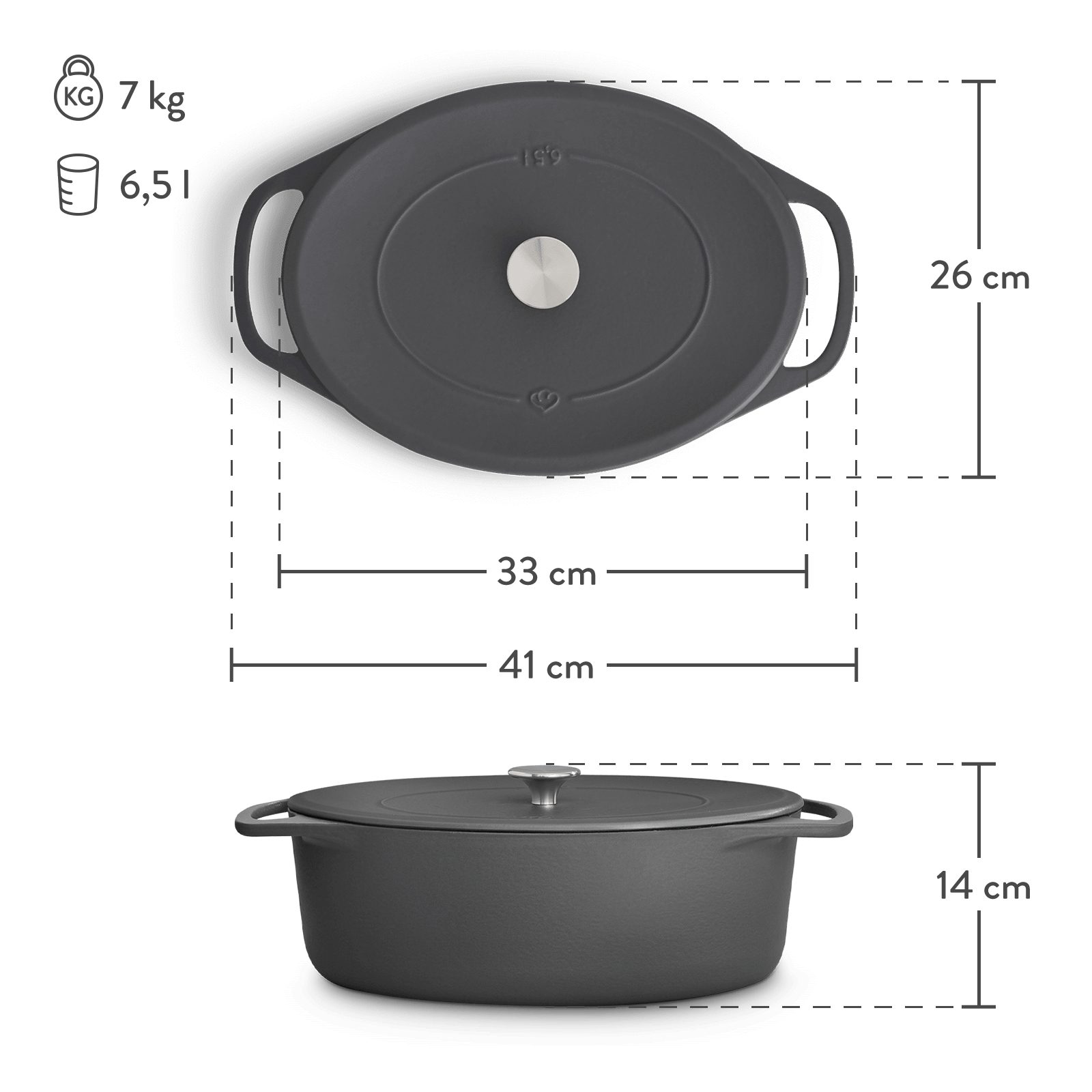 Springlane Bräter Cocotte Grau mit Deckel, Gusseisen, 6,5 L, Ø 33cm, Oval, Gusseisen emailliert, Ideale Feuchtigkeitsverteilung durch Tropfenstruktur