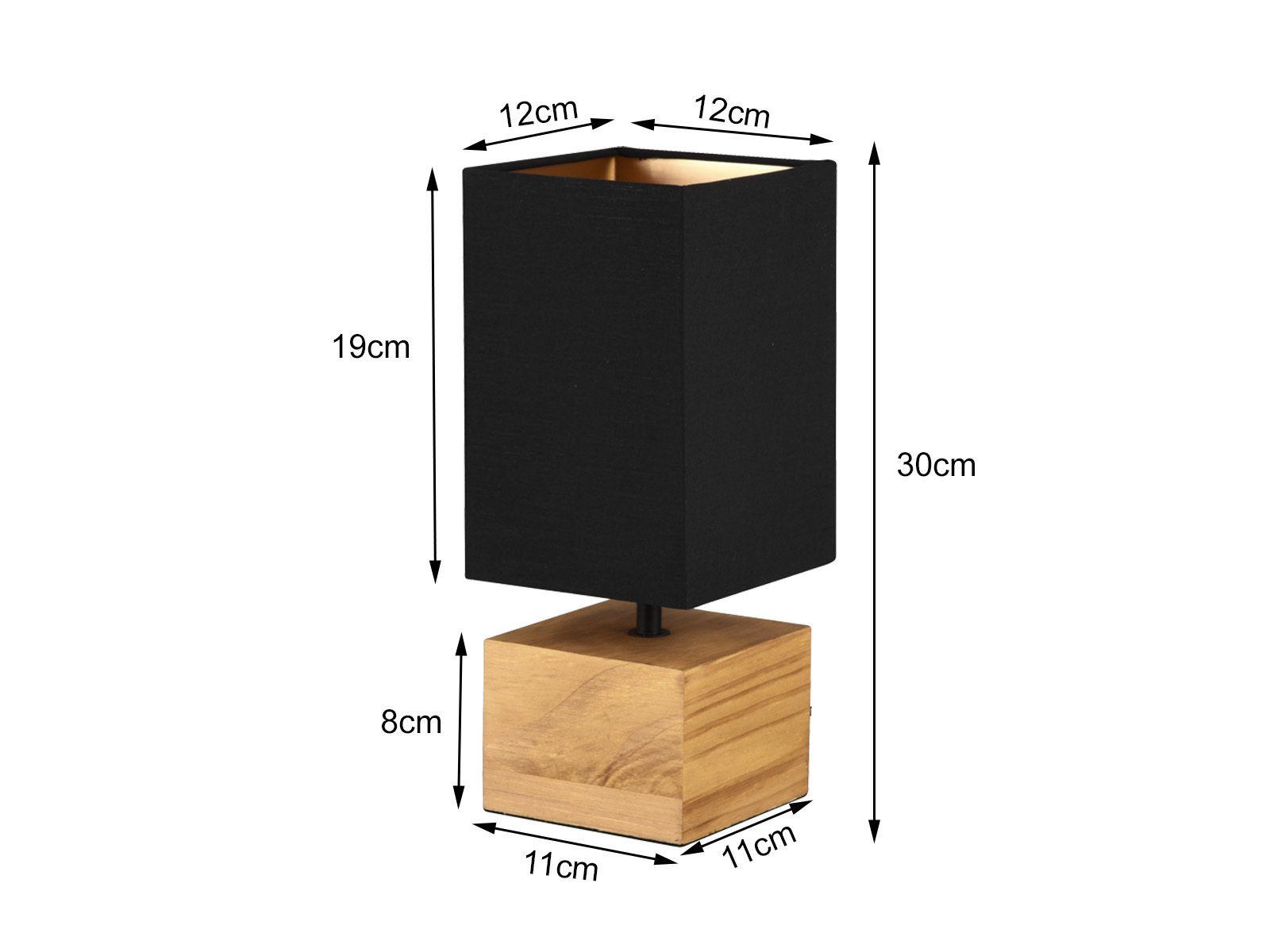 Reality Leuchten LED Nachttischlampe, Dimmfunktion, LED wechselbar, Warmweiß, mit Holz-fuß Lampenschirm Fensterlampe Fensterbank Schwarz Gold H 30cm