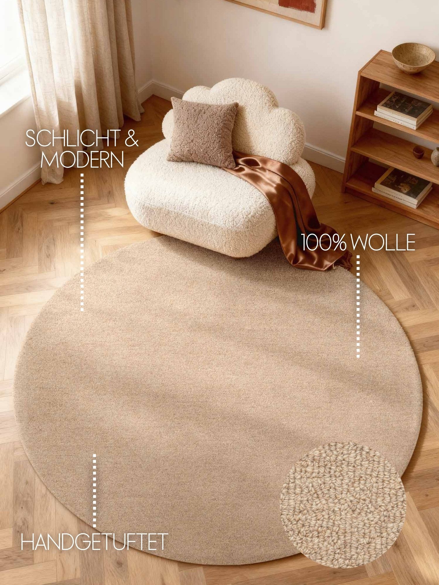 ELLE DECORATION Wollteppich Knots, rund, Höhe: 13 mm, Handtuft, Wolle, Rund, Feines Bouclé, Wohnzimmer, Schlafzimmer, Natur