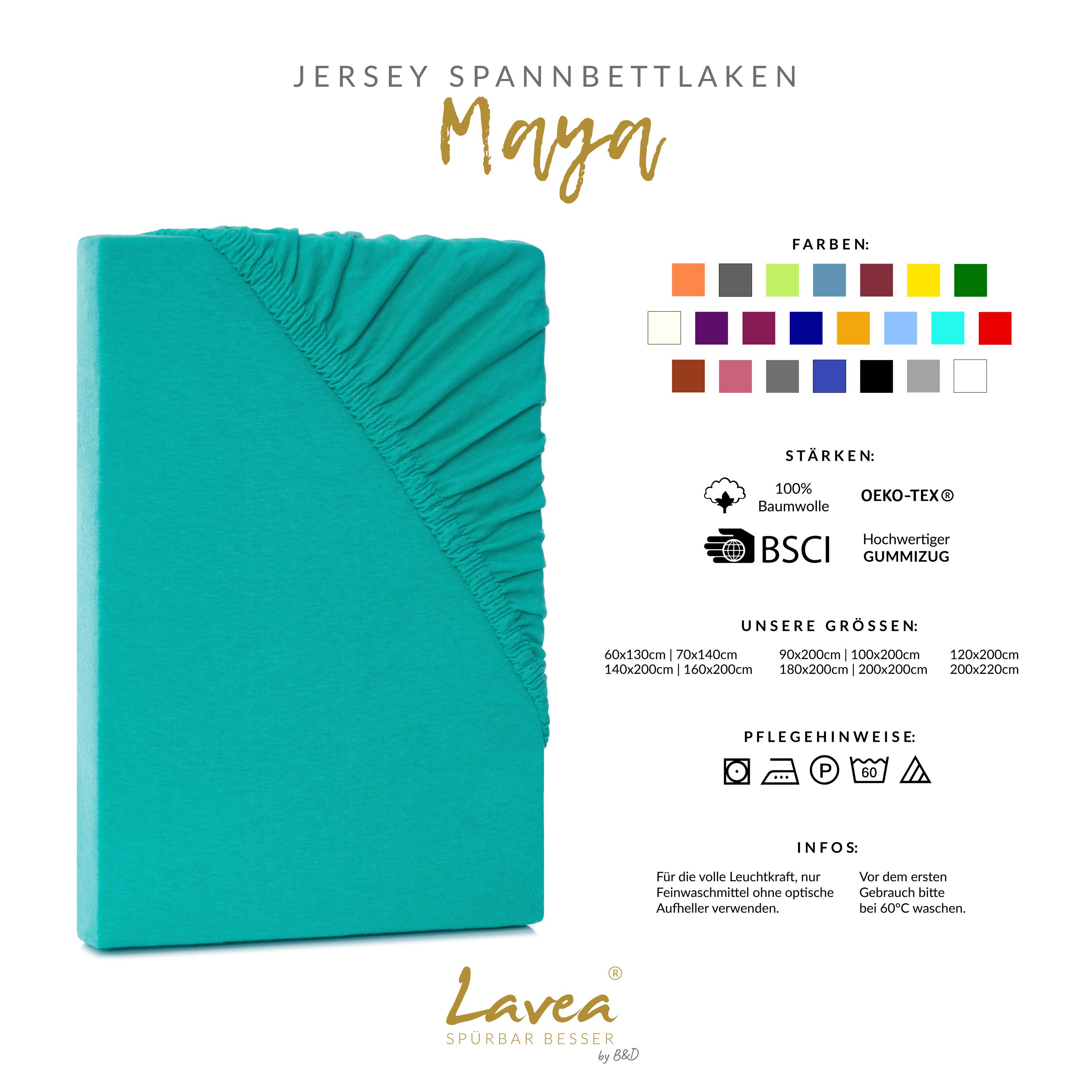 Lavea Spannbettlaken Bettlaken Maya, 180x200cm, 200x200cm, 140x200cm, 160x200cm, 100% Baumwolle Jersey, Gummizug: rundum, (1 Stück), für Matratzen, Topper, Boxspring- und Wasserbetten, weich, langlebig