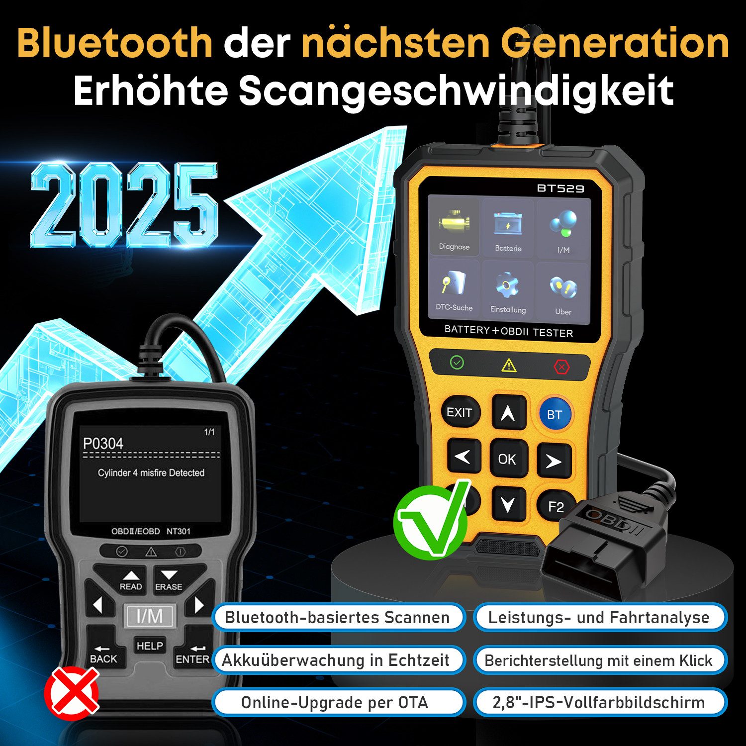 CkeyiN OBD2-Diagnosegerät BT529 Auto Scanner Auslesegerät Motor Fehlercodeleser Batterietest, mit Echtzeitdaten Bluetooth Verbindung für iOS Android System