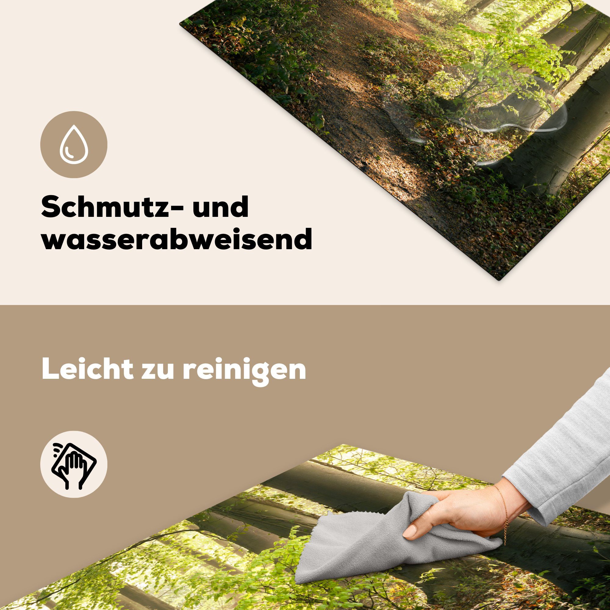 MuchoWow Herdblende-/Abdeckplatte Wald - - 77x51 für cm, Arbeitsplatte Sonne Weg Pflanzen - küche Vinyl, Laub - Bäume - Ceranfeldabdeckung, tlg), (1 - Natur
