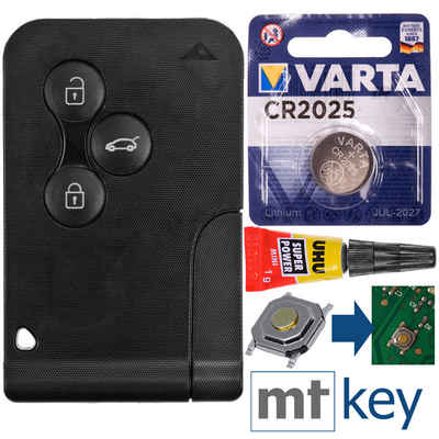 mt-key Auto Schlüssel Karte 3 Tasten + Rohling + Mikrotaste + VARTA CR2025 Knopfzelle, CR2025 (3 V), für Renault Megane 2 Scenic 2 Clio 3 Funk Fernbedienung