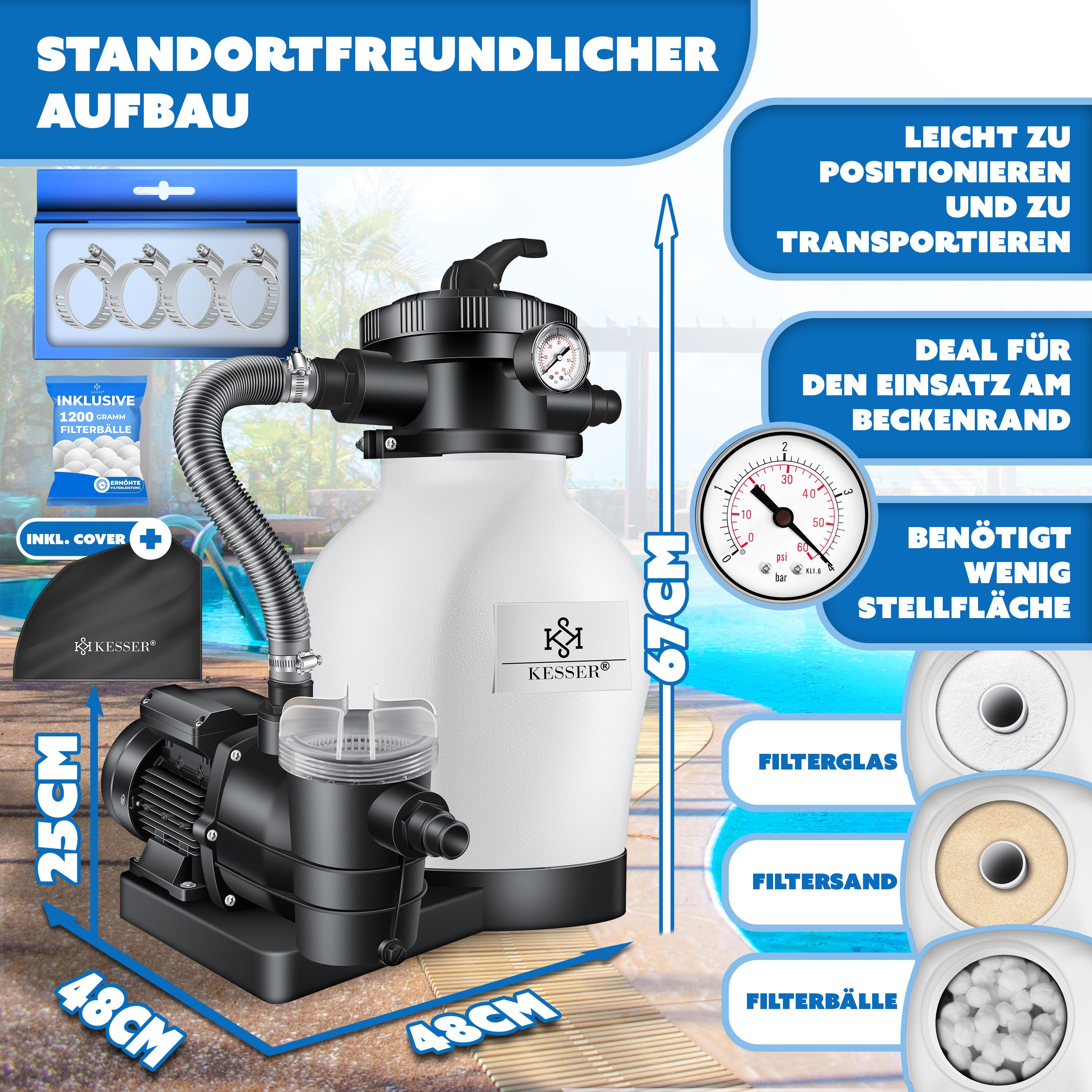 KESSER Sandfilteranlage 600W Sandfilter für Pools 13200L/h Durchfluss Poolf günstig online kaufen