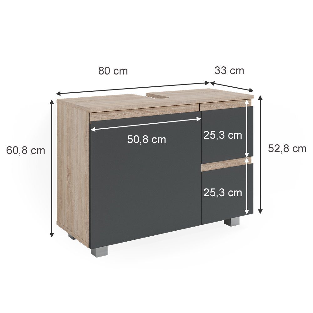 Vicco Waschbeckenunterschrank J-Shape, Sonoma/Anthrazit, 80 x 60.8 cm (1-St)