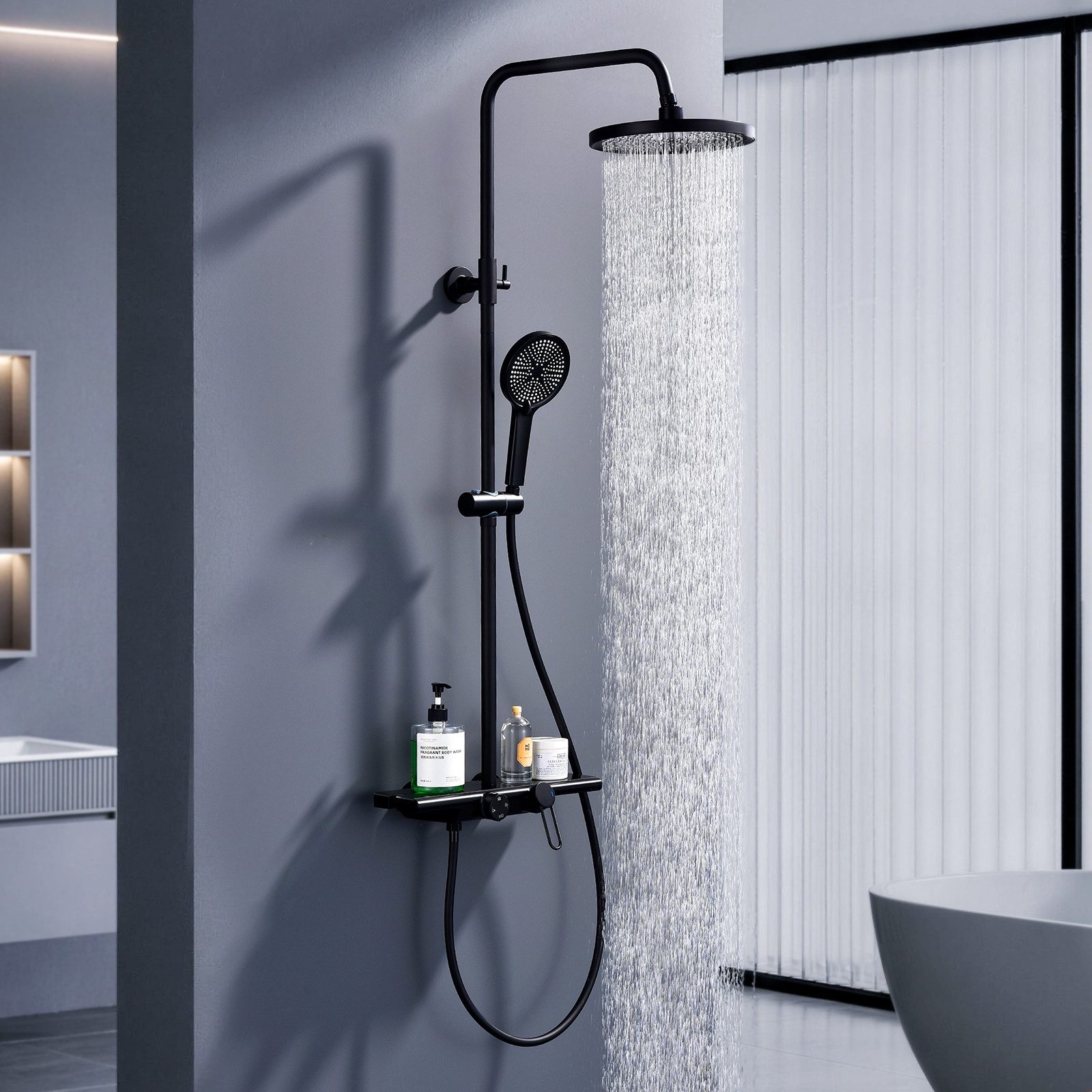 HOMELODY Duschsystem Schwarz Matt 250mm Regendusche Wasserfall Handbrause Ablage, Regendusche Duschset mit Ablage Handbrause 5 Funktionen
