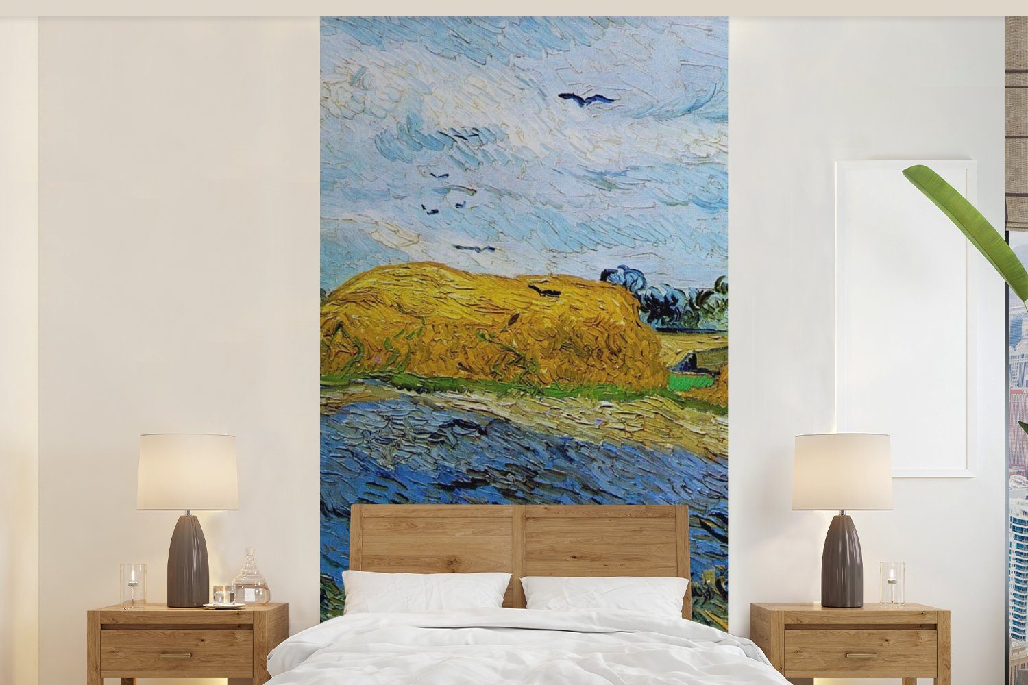 Schlafzimmer St), - einem Heuballen für van Fototapete Fototapete Küche, MuchoWow Vincent bedruckt, (2 Gogh, Vliestapete regnerischen Himmel unter Wohnzimmer Matt,