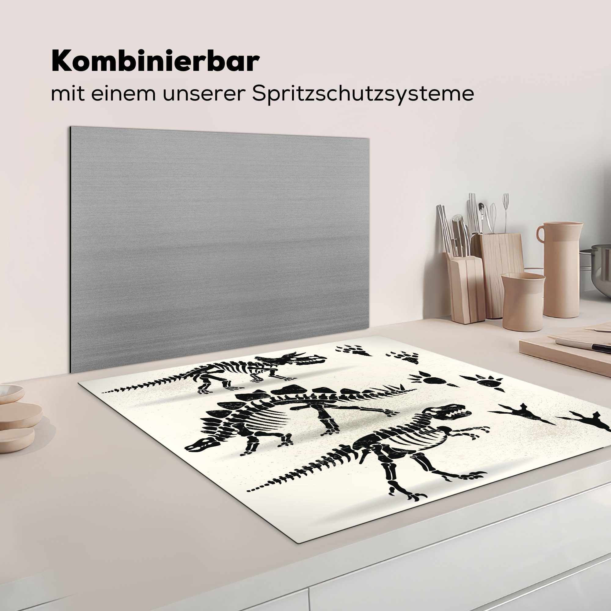 Arbeitsplatte Vinyl, - Pfotenabdruck Dinosaurier MuchoWow Skelett Zeichnung küche Herdblende-/Abdeckplatte Ceranfeldabdeckung, -, - - tlg), 78x78 Kids - (1 für cm, - Kinder