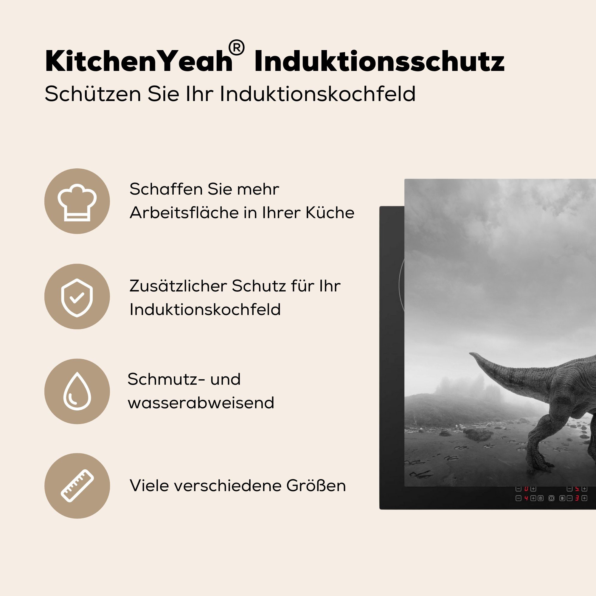 83x51 Weiß - Arbeitsplatte küche Dinosaurier MuchoWow cm, Schwarz Vinyl, Ceranfeldabdeckung, tlg), Herdblende-/Abdeckplatte für - - Wolken, (1