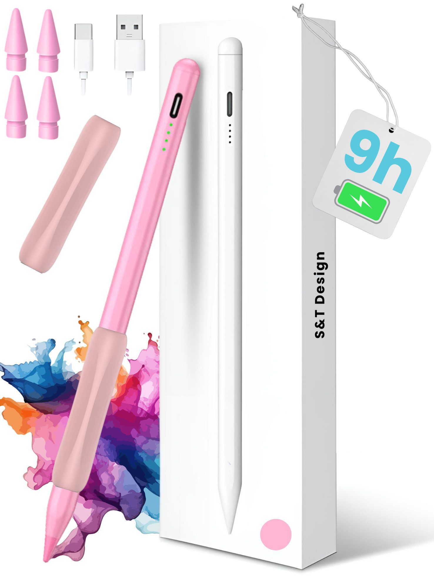 S&T Design Eingabestift Stift für iPad USB-C (2018-2024) Schnellladen für Apple iPads (2018-2026), 1-St., mit 4x iPad Stift Spitzen + Silikon Halterung) Tabletstift Stylus Pencil 2. Gen Pen USB-C Schnellladen Palm Rejection