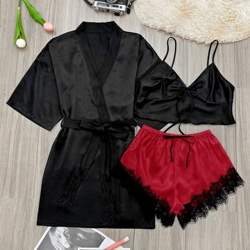 Elegant Love Negligé Satin-Pyjama-Set, Nachtwäsche mit Robe, Dessous-Set, Kimono (Set, 3-tlg., Robe mit V-Ausschnitt + Cami-Shirt+ Shorts mit Spitzenbesatz) Damen-Nachtwäsche und Loungewear, Lingerie für Damen