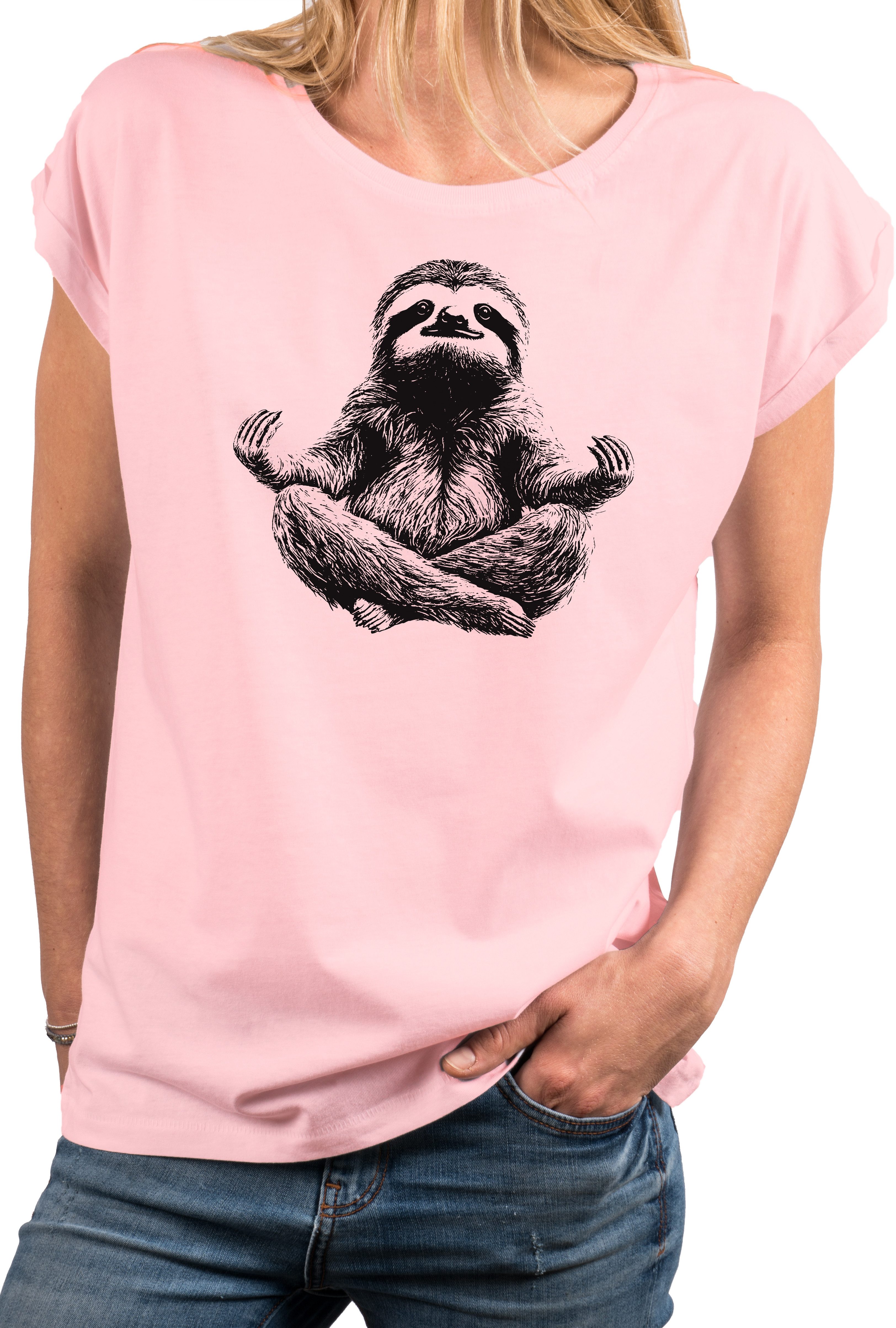 MAKAYA T-Shirt Kurzarm Damen T-Shirt mit lustigem Faultier-Yoga-Aufdruck (Weiß, Rosa, Hellgrau, Grün, Dunkelgrau, 34, 36, 38, 40, 42, 44, 46, 48, 50) Baumwolle