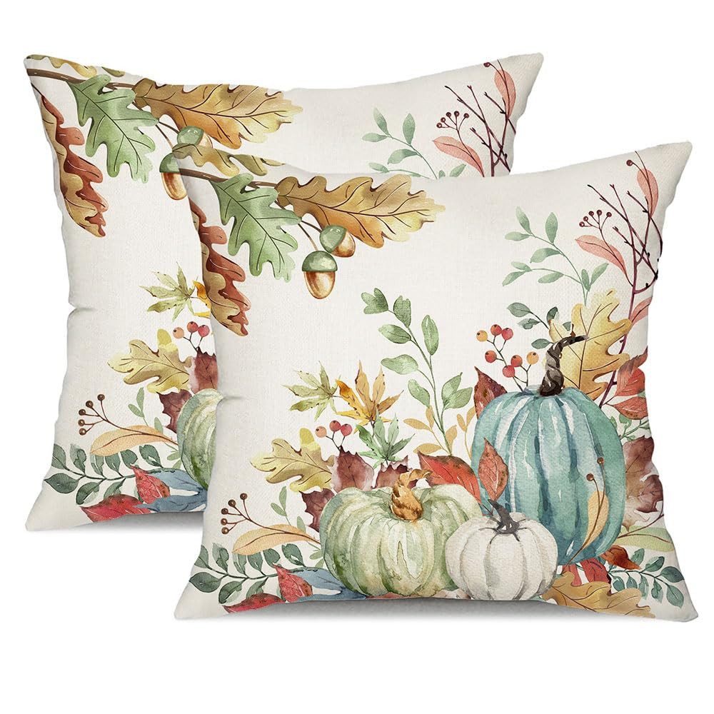 CLTYQ Kissenbezug Herbst-Kissenbezüge,grüne Aquarell-Kürbis-Abgefallene Blätter,45x45cm, 2 Stück,Herbst-Erntedankfest, Bauernhaus-Dekoration für die Couch