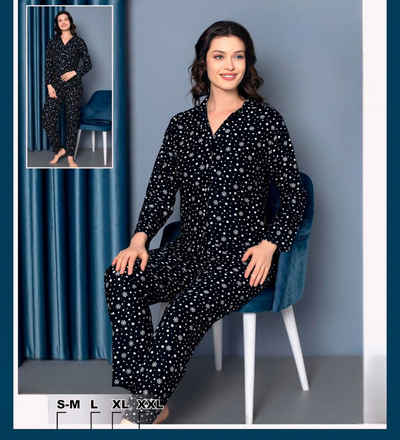 fashionshowcase Schlafanzug Damen Pyjama Set Langärmliges Hemd Lange Hose 100% Baumwolle (Zweiteiler, Nachthemd mit Hose) mit Knopfleiste