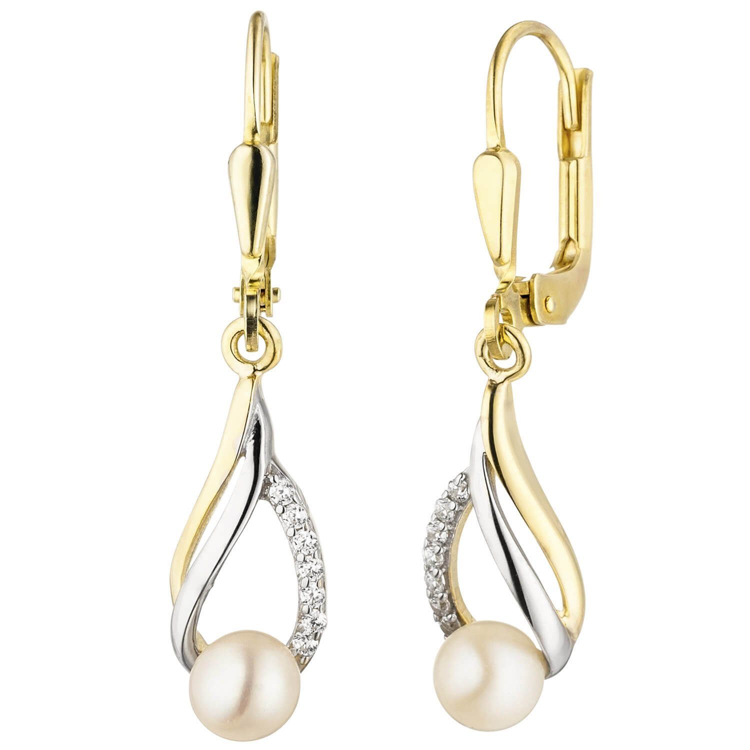 Schmuck Krone Paar Ohrhänger Ohrhänger Süßwasser-Perlen weiß & 14 Zirkonia, 333 Gold Gelbgold teilrhodiniert | Ohrhänger