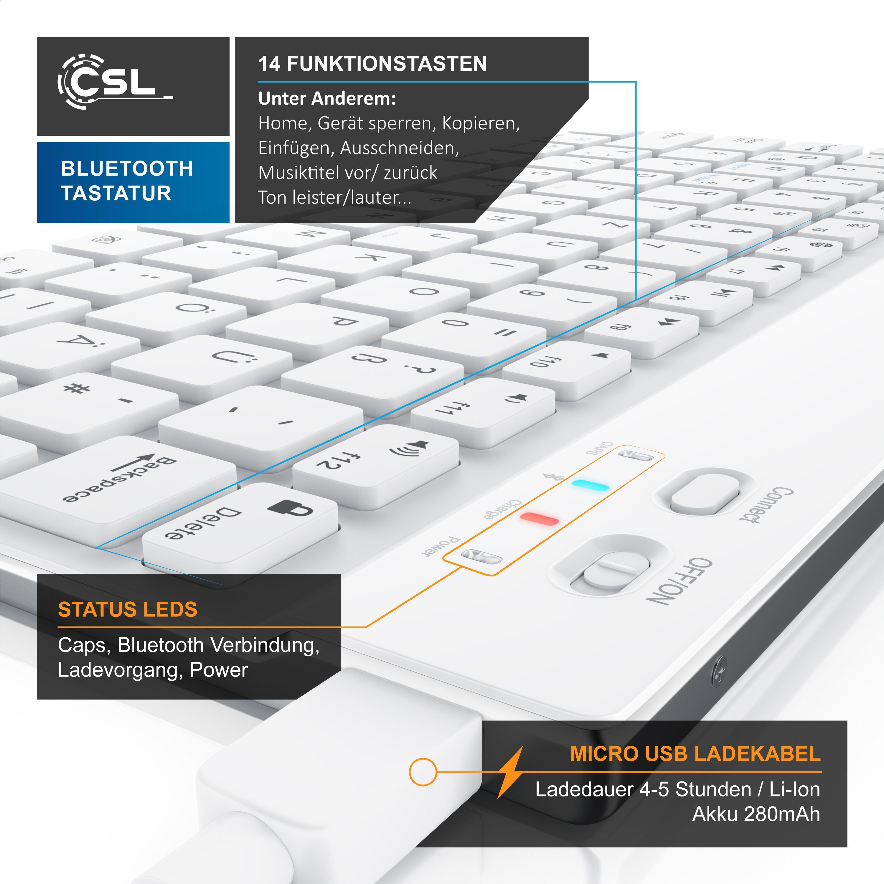 Slim Deutsches Alugehäuse, CSL Layout, Wireless-Tastatur BT 3.0) Keyboard, (Ultra weiß/silber Bluetooth,