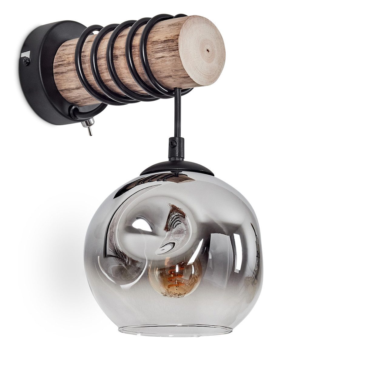 Wandleuchte Wandlampe aus Holz/Metall/Glas in Natur/Schwarz/Chrom/Klar/Rauch